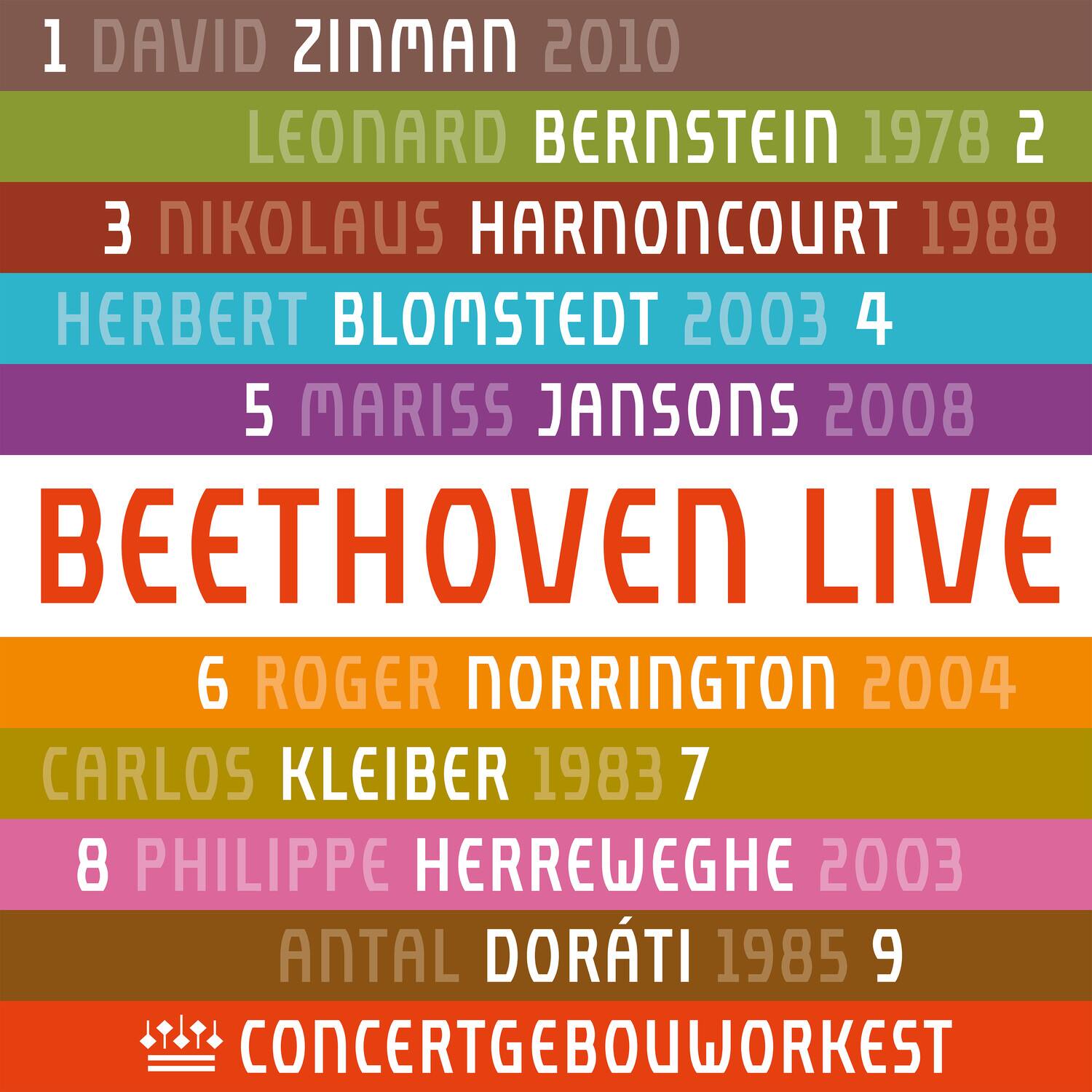 1 DAVID ZINMAN 2010  
2 LEONARD BERNSTEIN 1978  
3 NIKOLAUS HARNONCOURT 1988  
4 HERBERT BLOMSTEDT 2003  
5 MARISS JANSONS 2008  
6 ROGER NORRINGTON 2004  
7 CARLOS KLEIBER 1983  
8 PHILIPPE HERREWEGHE 2003  
9 ANTAL DORÁTI 1985  

BEETHOVEN LIVE  

CONCERTGEBOUWORKEST