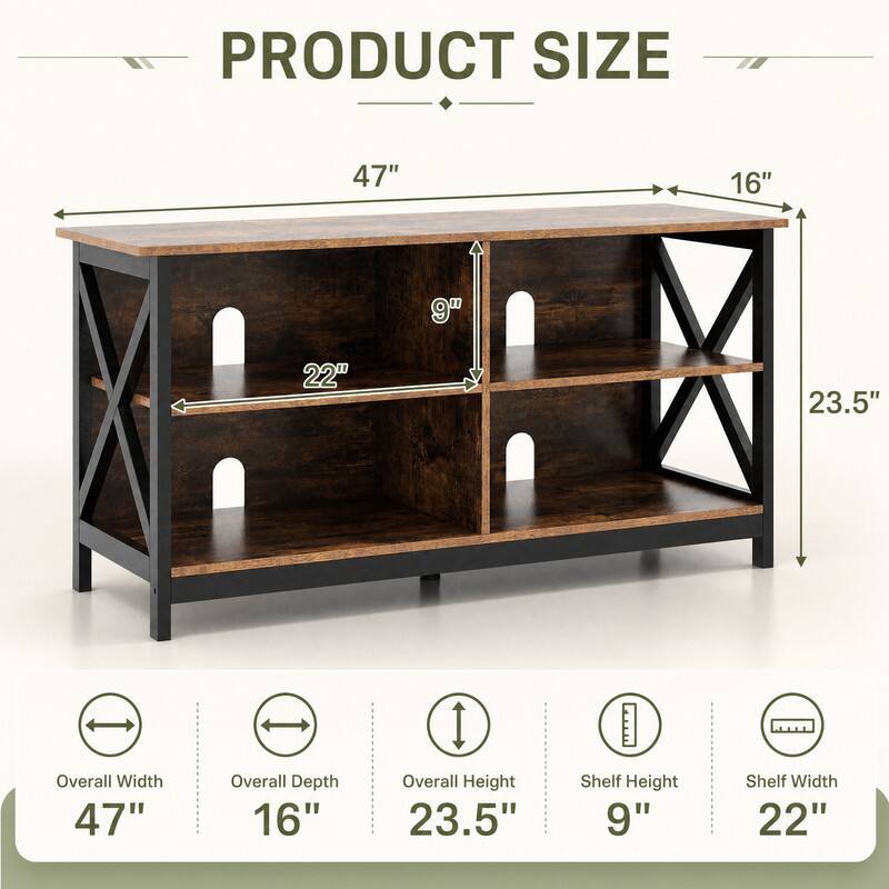 PRODUCT SIZE

- Overall Width: 47"
- Overall Depth: 16"
- Overall Height: 23.5"
- Shelf Height: 9"
- Shelf Width: 22"
