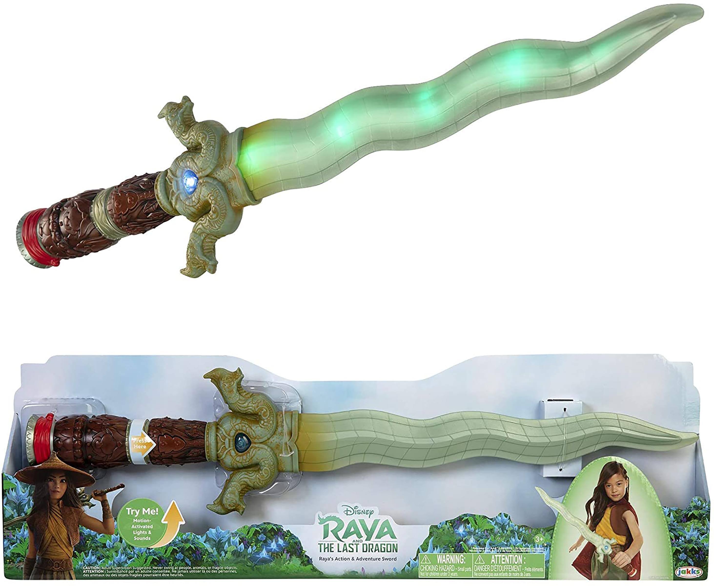 Disney Raya and the Last Dragon  
Raya's Action Adventure Sword  

Try Me!  
Motion-Activated Lights & Sounds  

WARNING: CHOKING HAZARD - Small parts. Not for children under 3 years.  
ATTENTION: RISQUE DE SOUFFOCATION - Petits pièces. Ne convient pas aux enfants de moins de 3 ans.  

Jakks