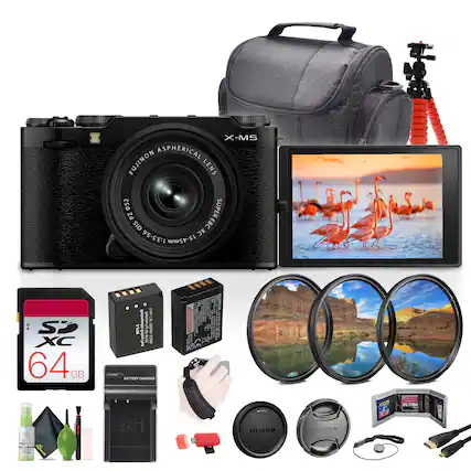 X-M5 ASPHERICAL FUJINON LENS PZ 052 PZ SUPER OIS EBC 1:3.5-5.6 XC 15-45mm a Sp XC 64 GB i despe mnsinuk mr 3 CN aU 1 Ln i BATTERY nARiEA e FUEEILM MIFHLU - A ULTEA 10 1