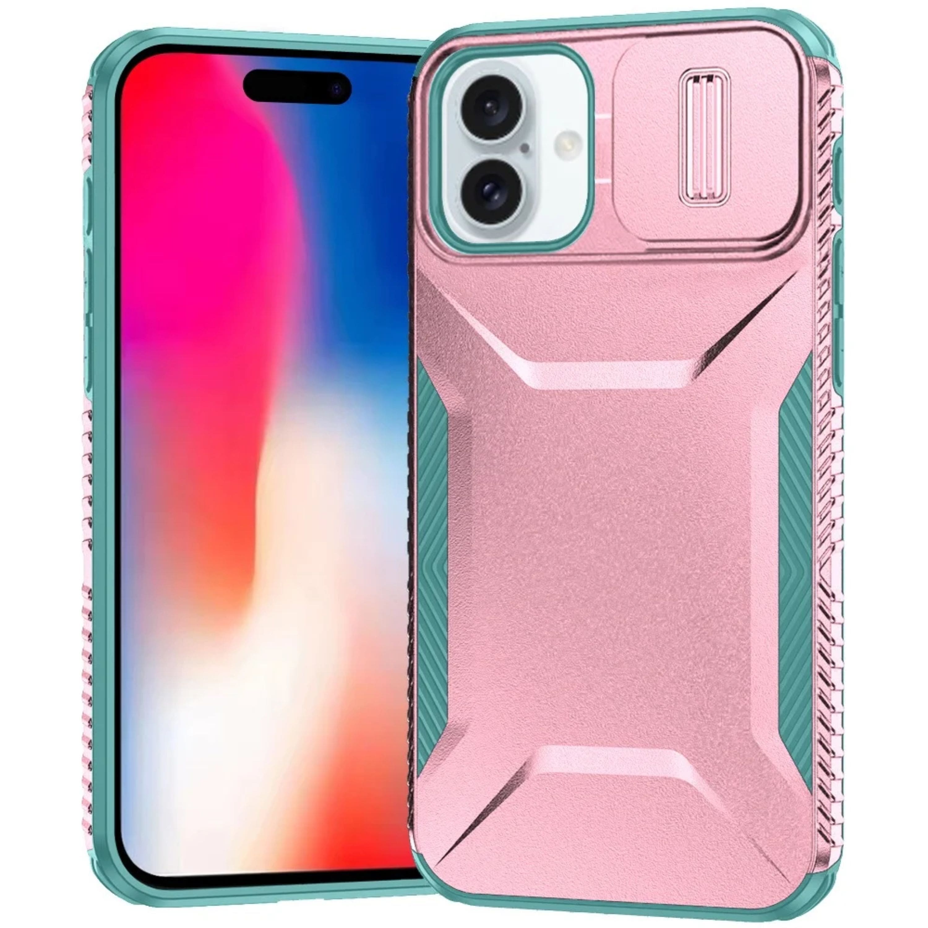 Kitcheniva - Rugged Side Grip Sliding Lens Cover Case With Tempered Glass For iPhone 16 Pink & Teal - Multicolor price history on PriceWatchPro