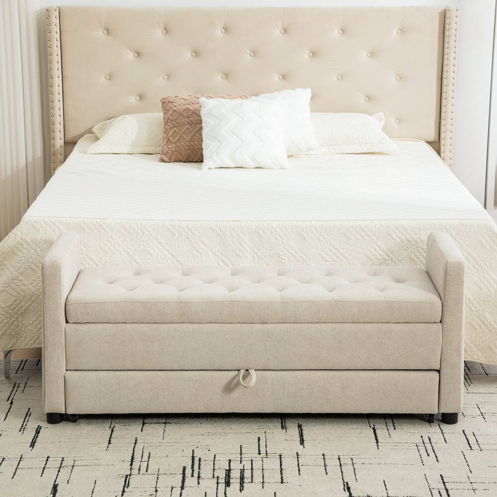 Left. Ropilly - Ropilly Modern Upholstered Storage Bench with Rolled Armrests Griege Napped Fabric Entryway Bedroom Bench - Griege.