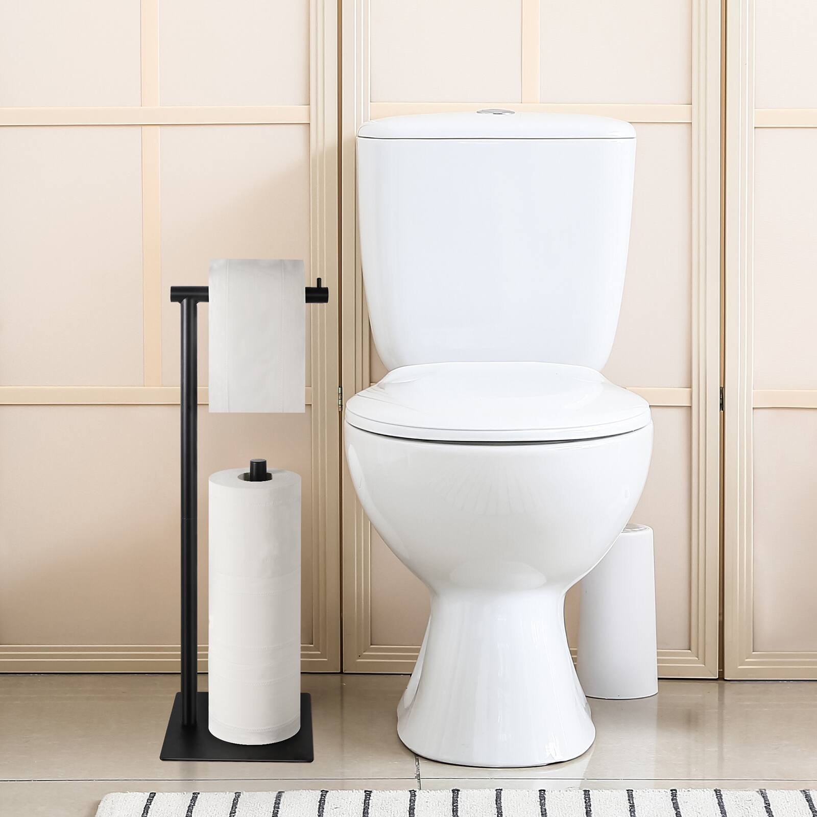 Alt View 1. Oumilen - Matte Black Freestanding Paper Towel Holder, 2-in-1 Metal Standing Toilet Roll Storage Rack.