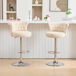 Trinkets Crazed - Velvet Bar Stools Set of 2,Adjustable Counter Height Bar Chairs,Swivel Stools with Nailhead Trim for Kitchen Island - Beige