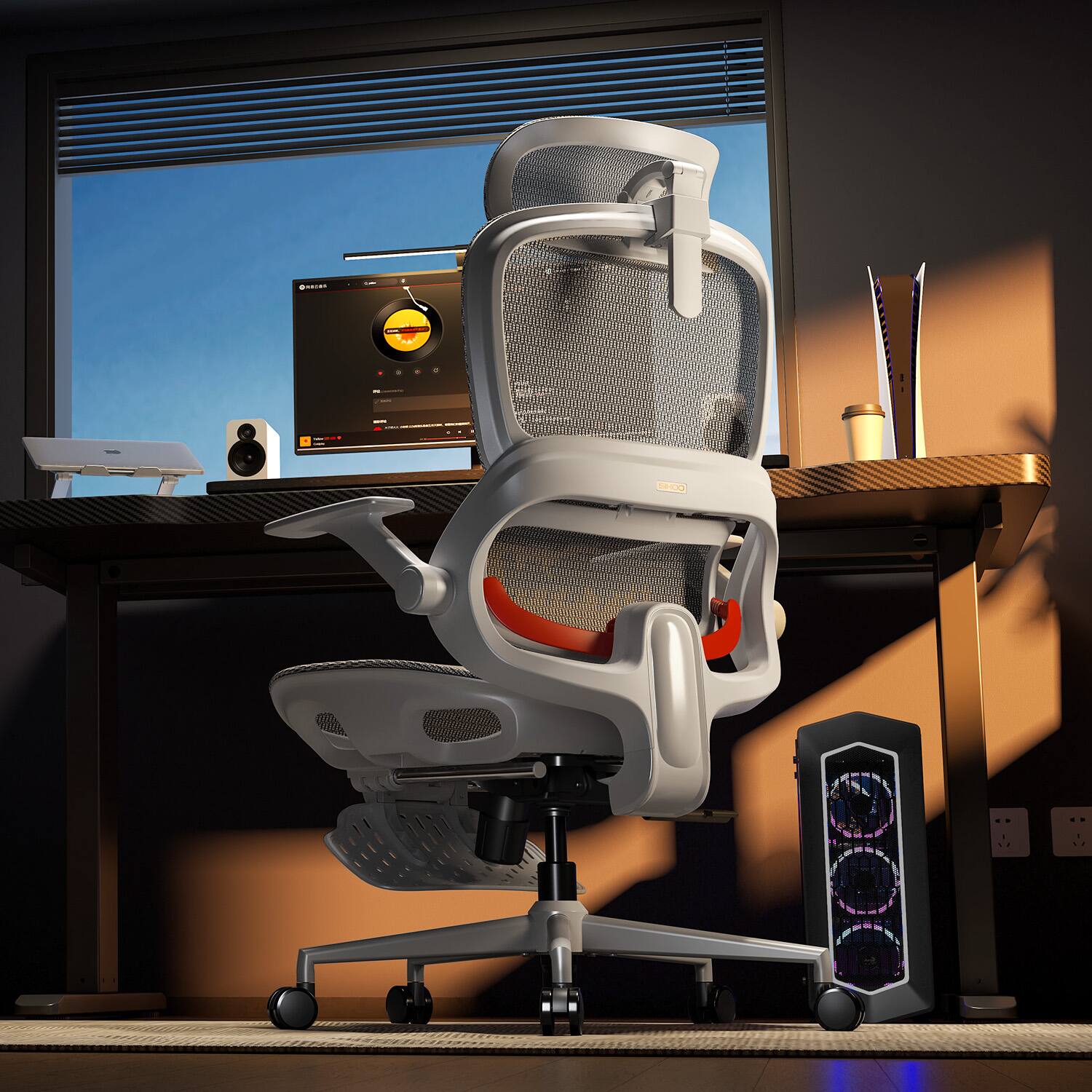 Alt View 8. SIHOO - B100 Ergonomic Office Chair with Footrest, Mesh Office Chair with Adaptive Dynamic Lumbar, Flip-up Arm, Dual-Back, 300lb - Light Grey.