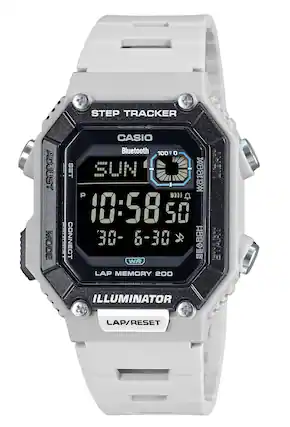 ADJUST MODE STEP TRACKER : CASIO Bluetooth 100m SET SUN 18 50 10:58 50 CONNECT 30-6-38 SEABEH START WR LAP MEMORY 200 ILLUMINATOR LAP/RESET