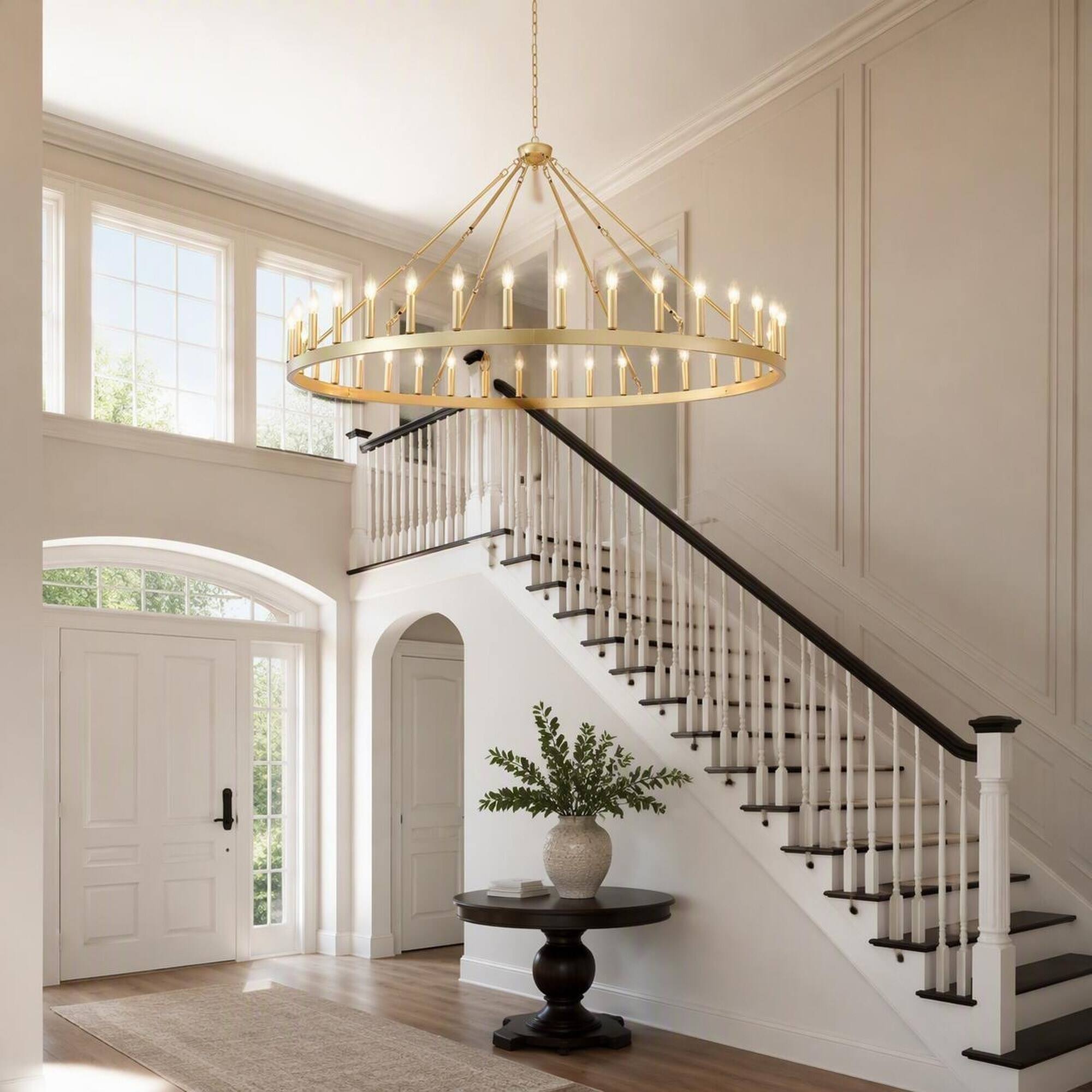 Back. RYHNUYNE - 36-Light Extra Large Gold Wagon Wheel Chandelier for High Ceilings, Rustic Farmhouse Round Pendant Light for Dining Room.