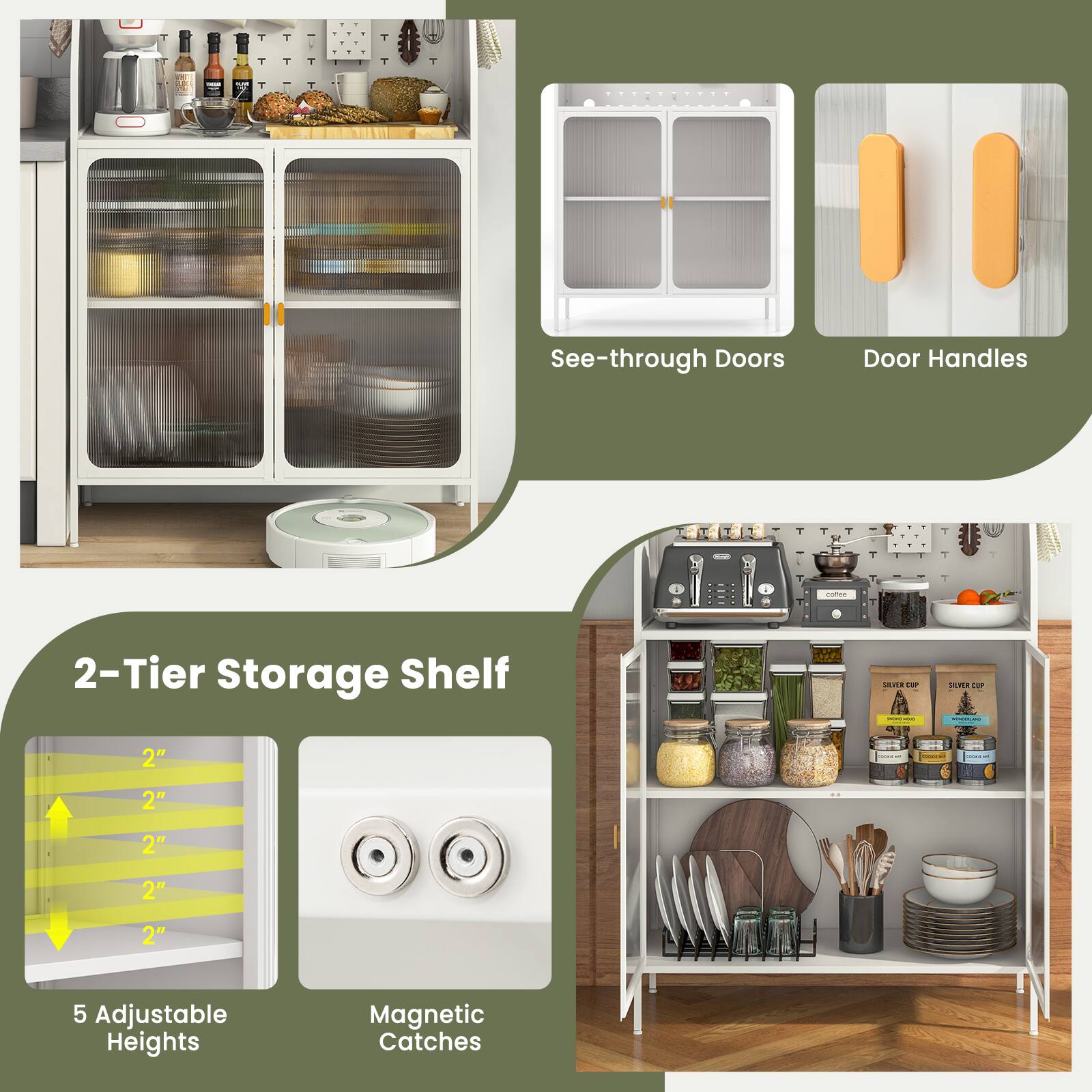 See-through Doors, Door Handles, 2-Tier Storage Shelf, 5 Adjustable Heights, Magnetic Catches