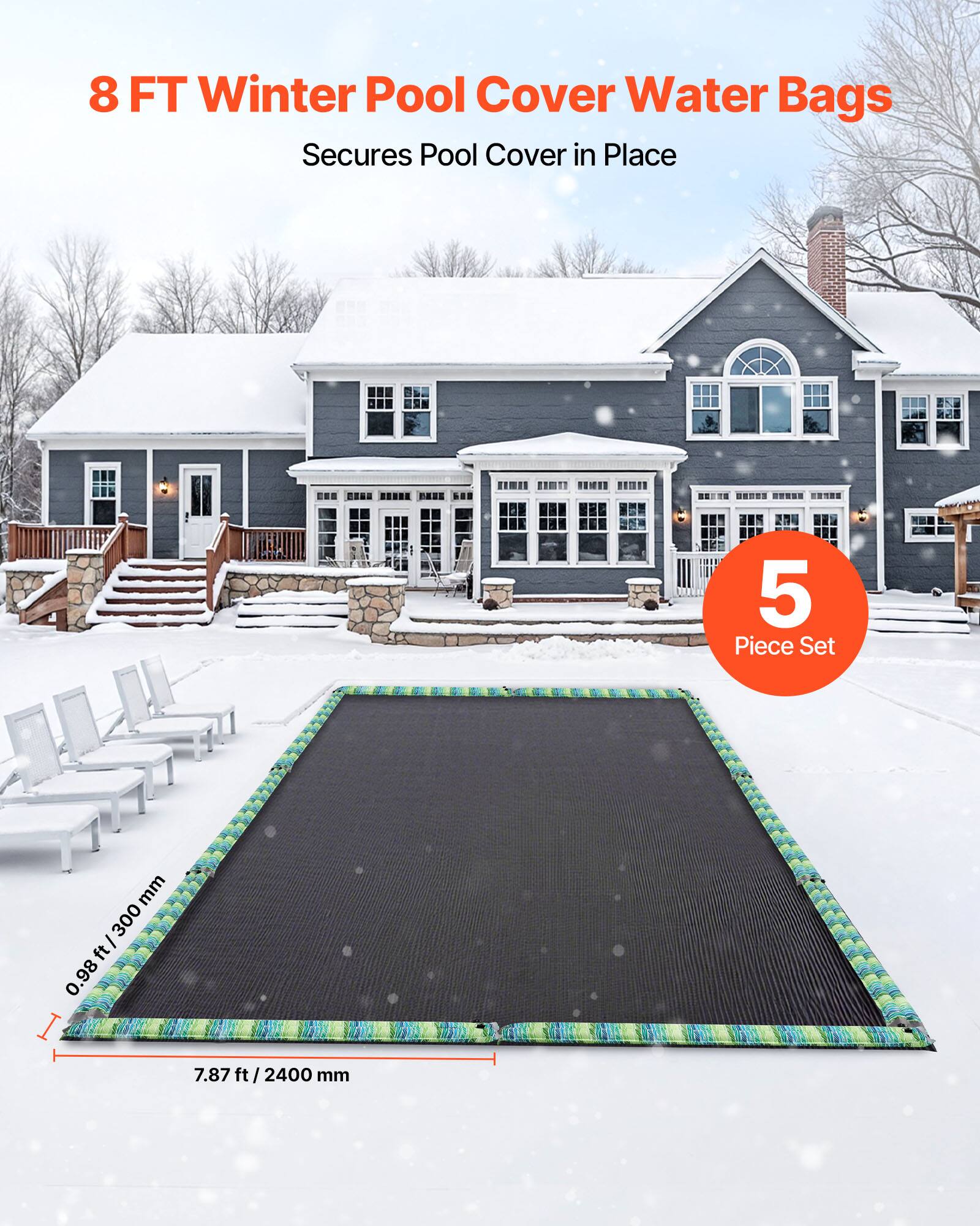8 FT Winter Pool Cover Water Bags  
Secures Pool Cover in Place  

5 Piece Set  

0.98 ft / 300 mm  
7.87 ft / 2400 mm