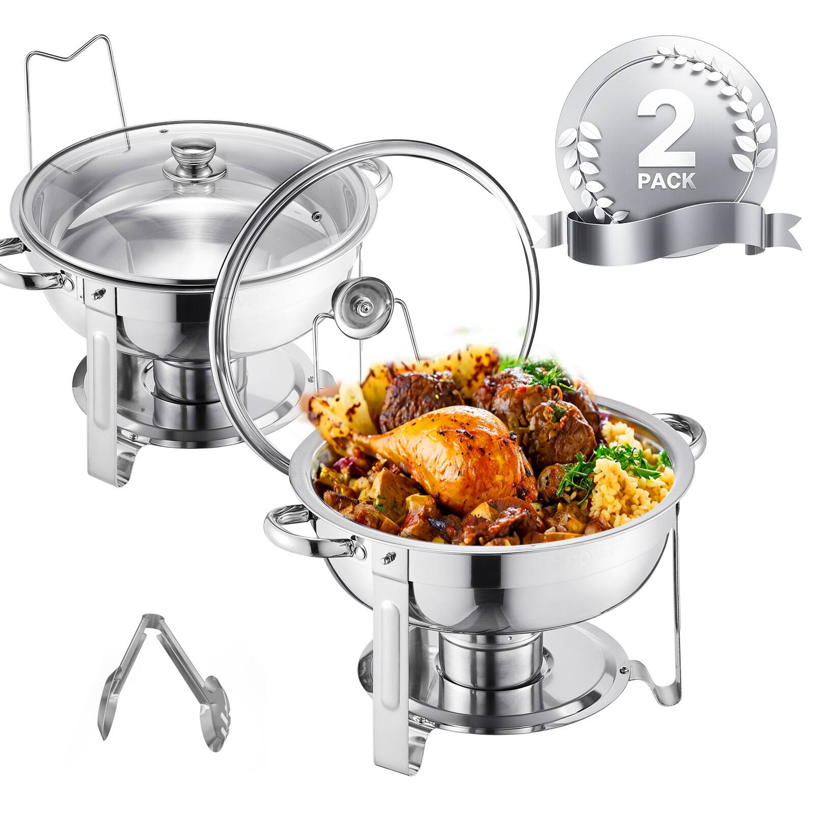 VEVOR - Chafing Dish Buffet Set, 5 Qt 2 Pack, Stainless Steel Chafer with 2 Full Size Pan, Round Catering Warmer Server - Silver