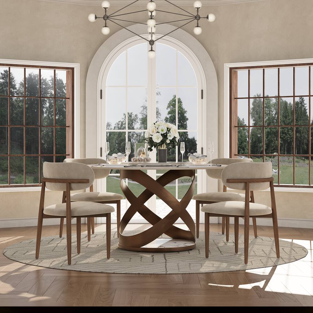 Angle. POVISON - 51" Modern Round Dining Table for 4 with Lazy Susan, Pandora Glossy Sintered Stone Tabletop, Bronze X Carbon Steel Base - Pandora Glossy Sintered Stone with Bronze.