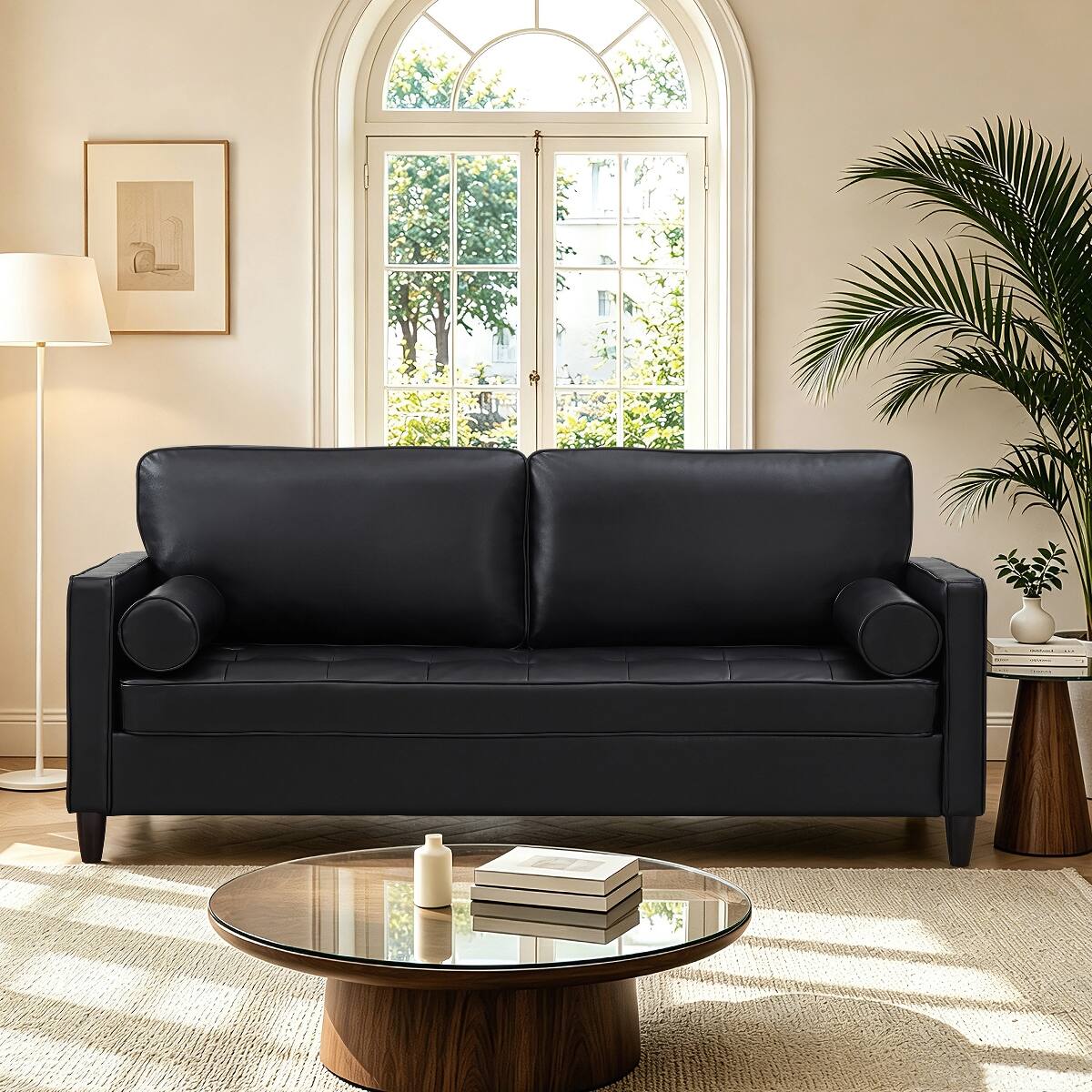 Front. Ropilly - Ropilly Black Faux Leather Sofa with Tufted Cushion, 3 Seater Living Room Couch - Black.