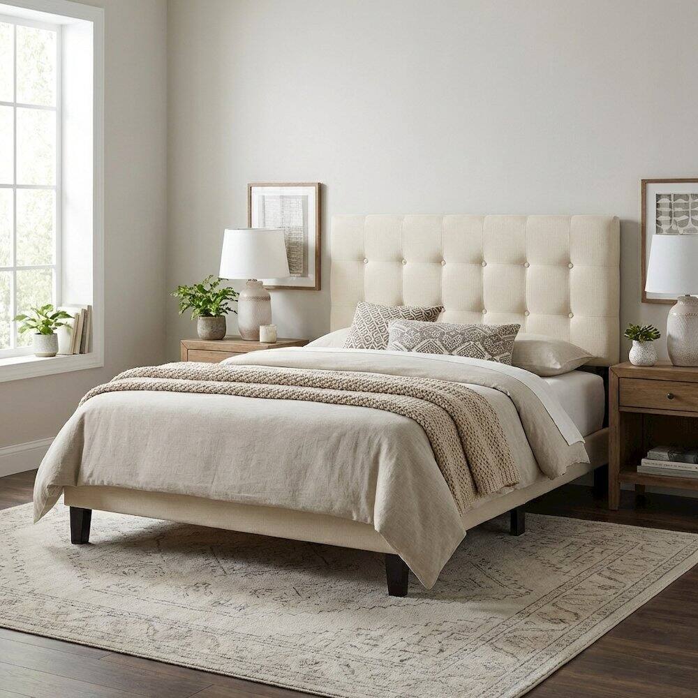 Left. FurniFact - Upholstered Twin Headboard with Soft Fabric and Elegant Design for Bedroom - Beige.
