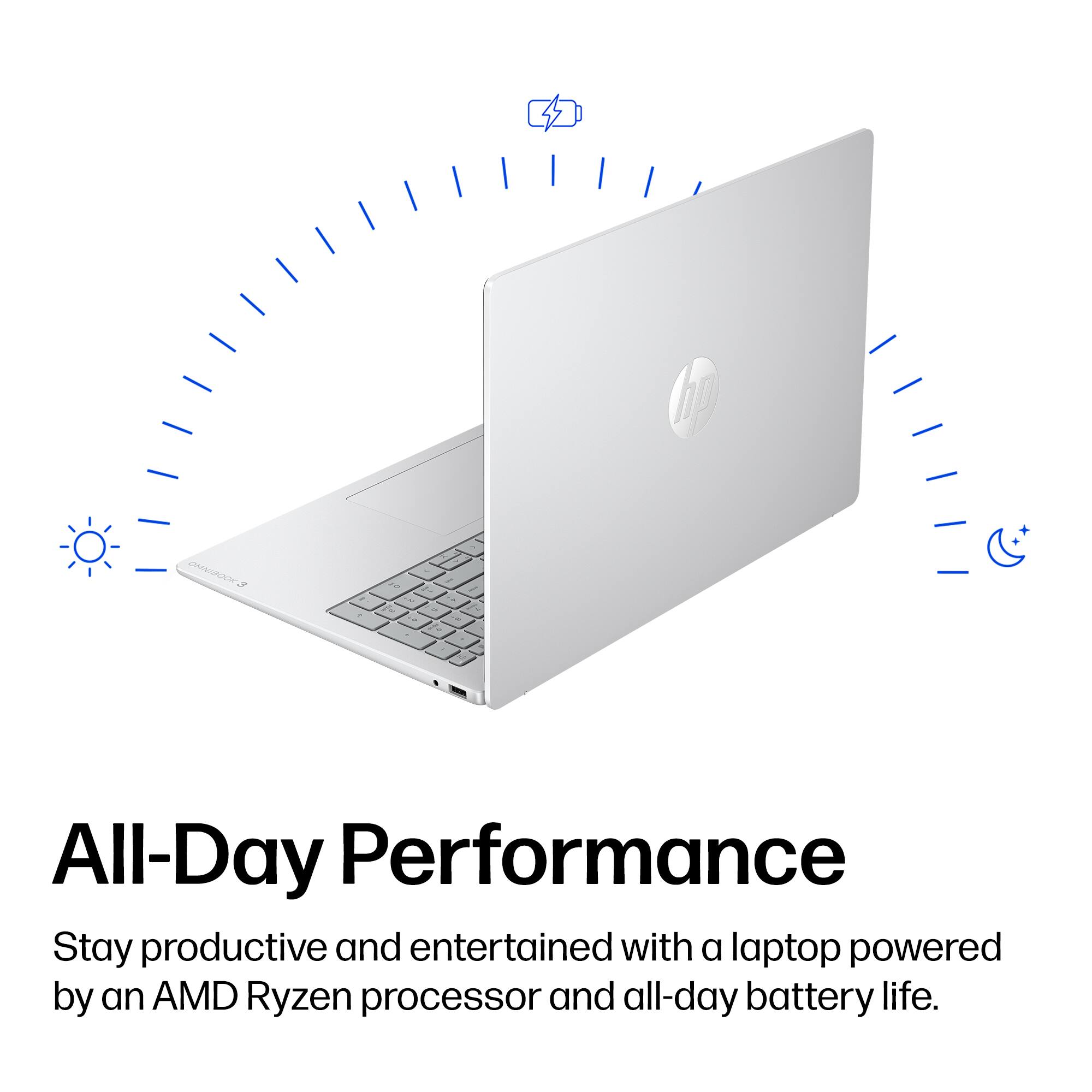 4 h OHMODE e 20 . - J - . - - All-Day Performance Stay productive and entertained with a laptop powered by an AMD Ryzen processor and all-day battery life.