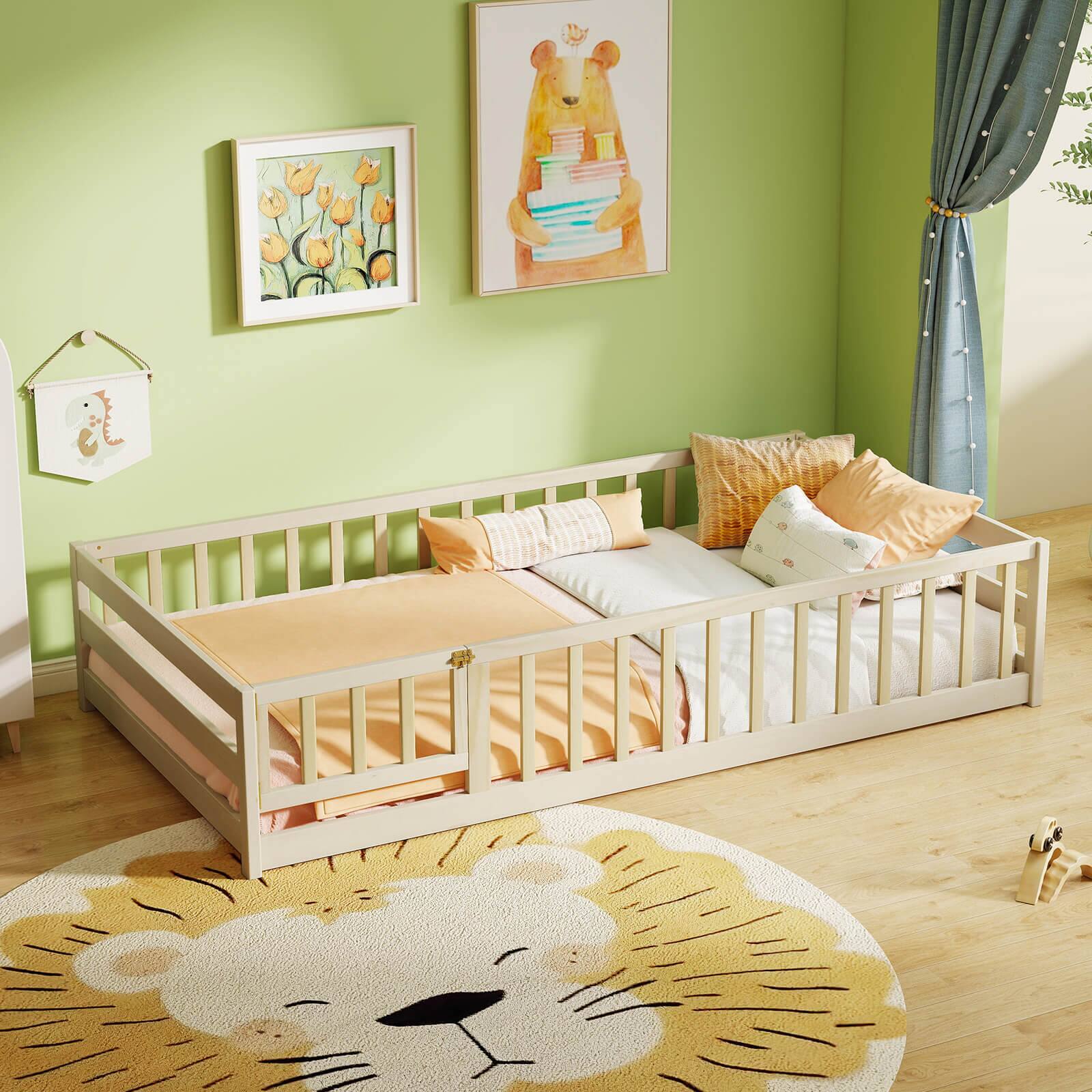 Alt View 3. Costway - Costway Twin Size Floor Bed with Door & Fence with Safety Guardrails & Slats Support - Beige.