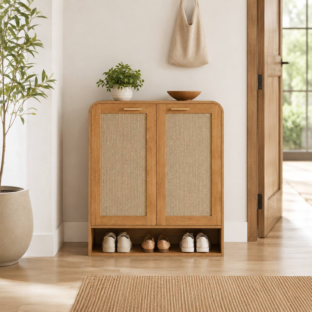 Front. Anysun - Rattan Shoe Cabinet with Doors – 6-Tier Shoe Storage Cabinet with Adjustable Shelves, Wooden Shoe Rack Organizer - Caramel.