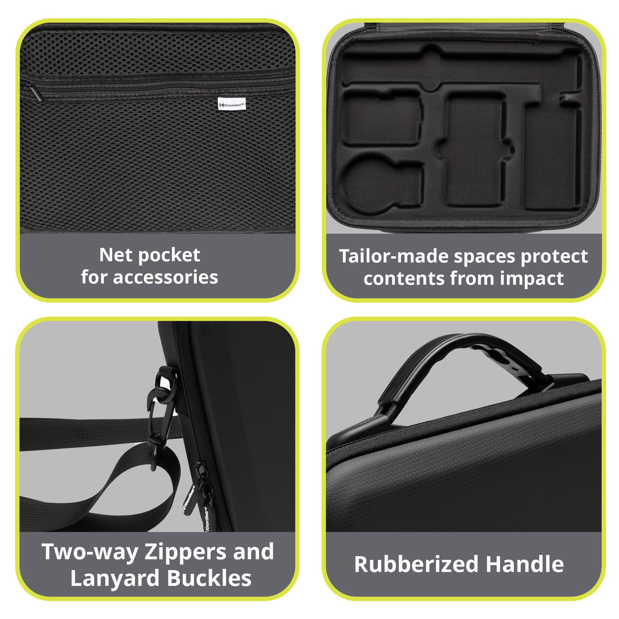 - Net pocket for accessories
- Tailor-made spaces protect contents from impact
- Two-way Zippers and Lanyard Buckles
- Rubberized Handle