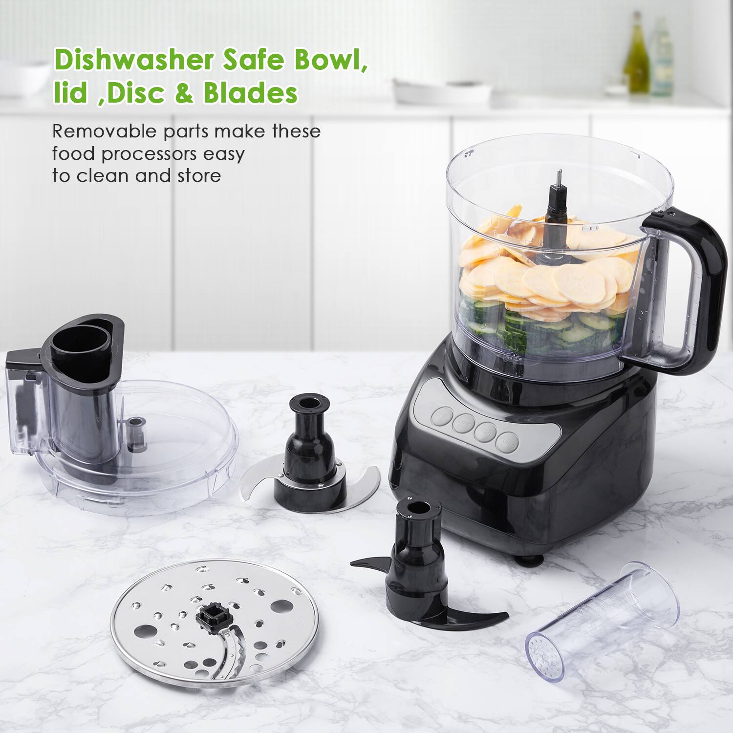 Dishwasher Safe Bowl, lid, Disc & Blades

Removable parts make these food processors easy to clean and store