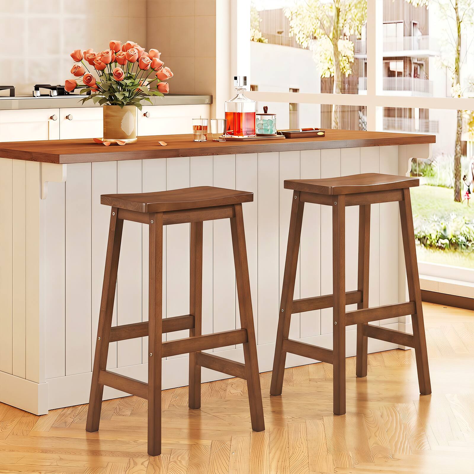 Alt View 1. Gymax - Gymax 29'' Saddle-Seat Counter Height Stools Set of 2 Backless Barstools w/Curved Seat Walnut - Brown.