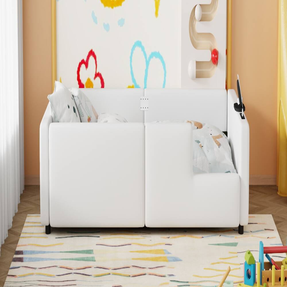 Alt View 7. Loheer - Loheer Twin Upholstered Platform Bed White Twin Bed with Guardrail and Charging Station - White.