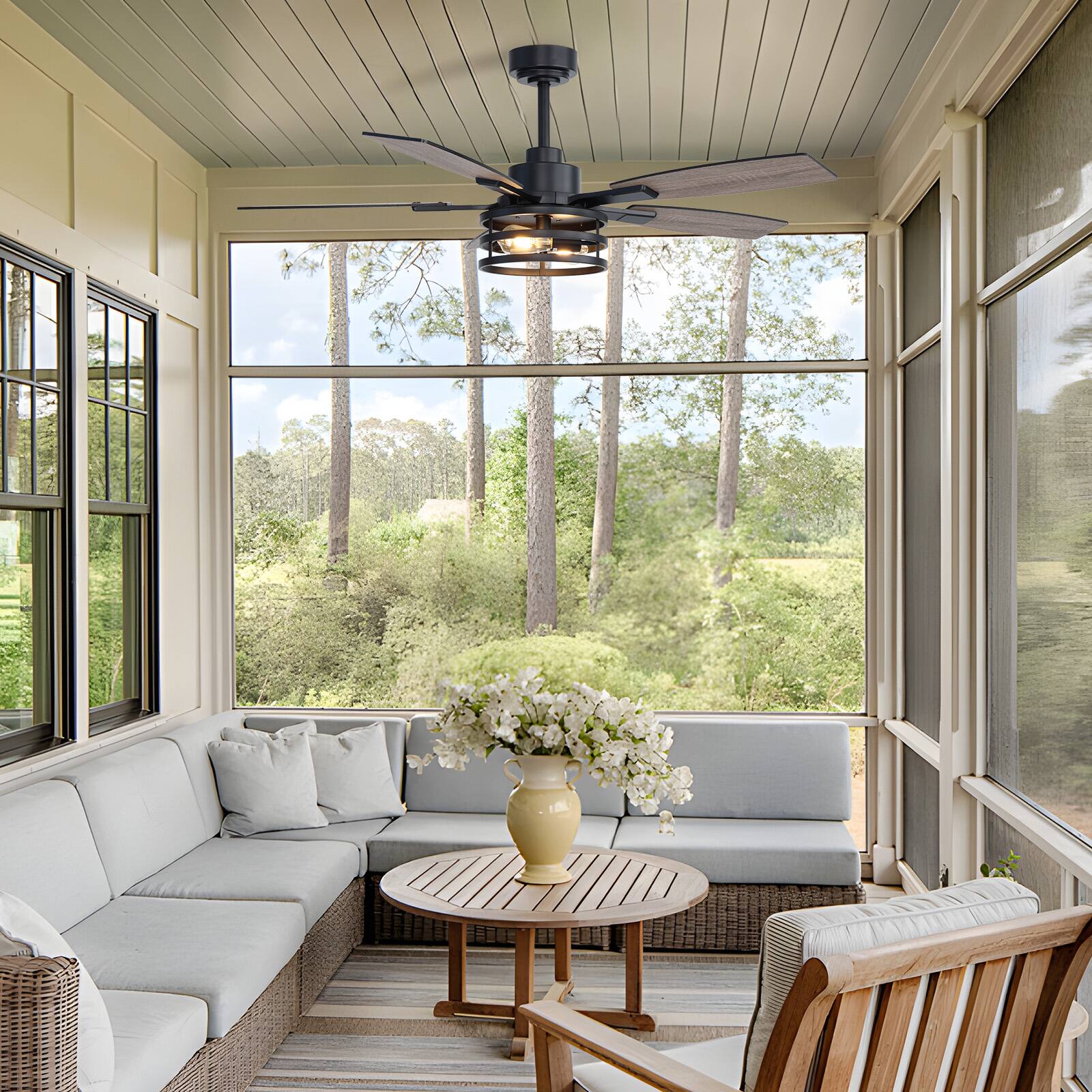 Alt View 9. Siljoy - 52 Inch Black Caged Farmhouse Ceiling Fan with Lights & Remote for Bedroom, Living Room & Patio Indoor/Outdoor - Black.