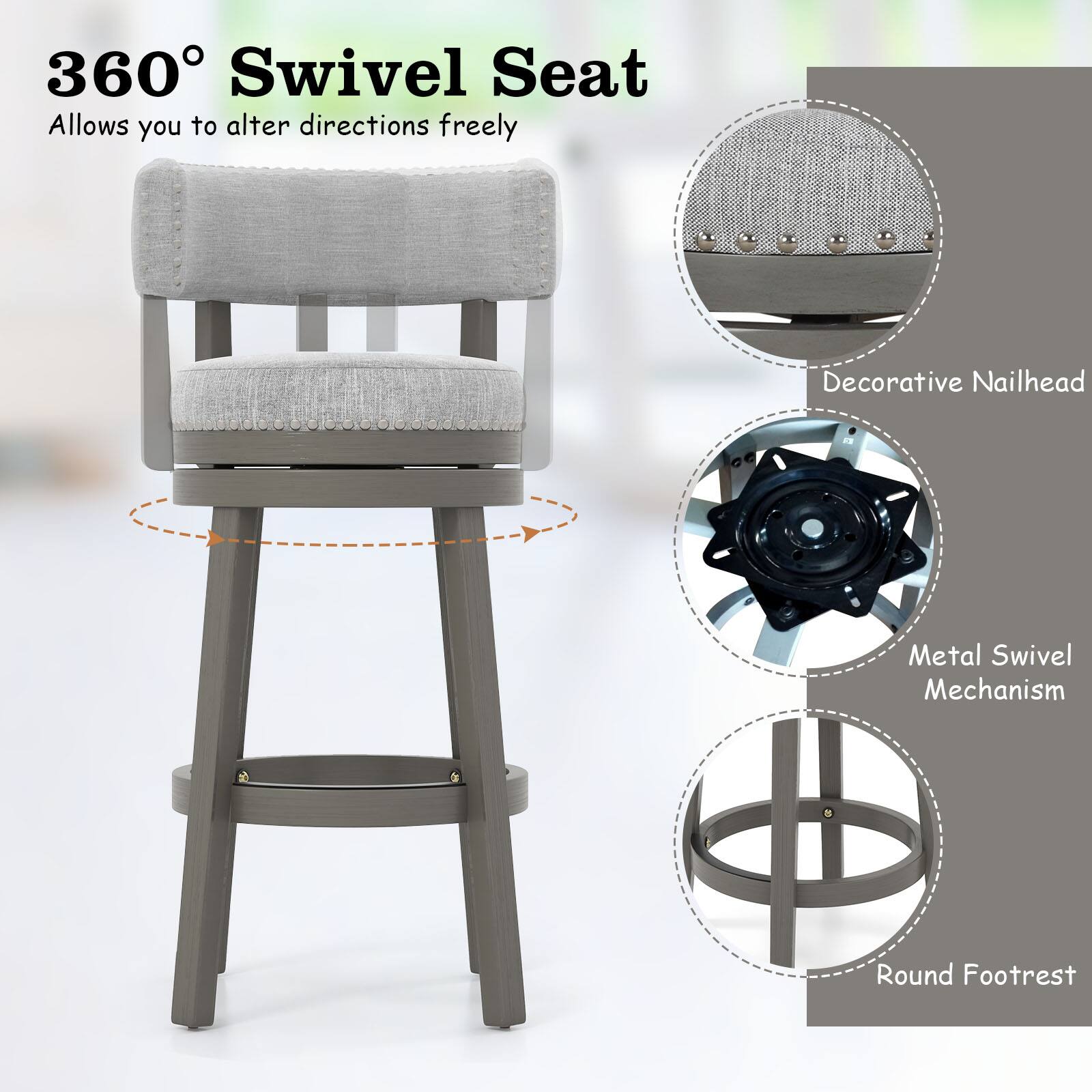 360° Swivel Seat, Allows you to alter directions freely, Decorative Nailhead, Metal Swivel Mechanism, Round Footrest
