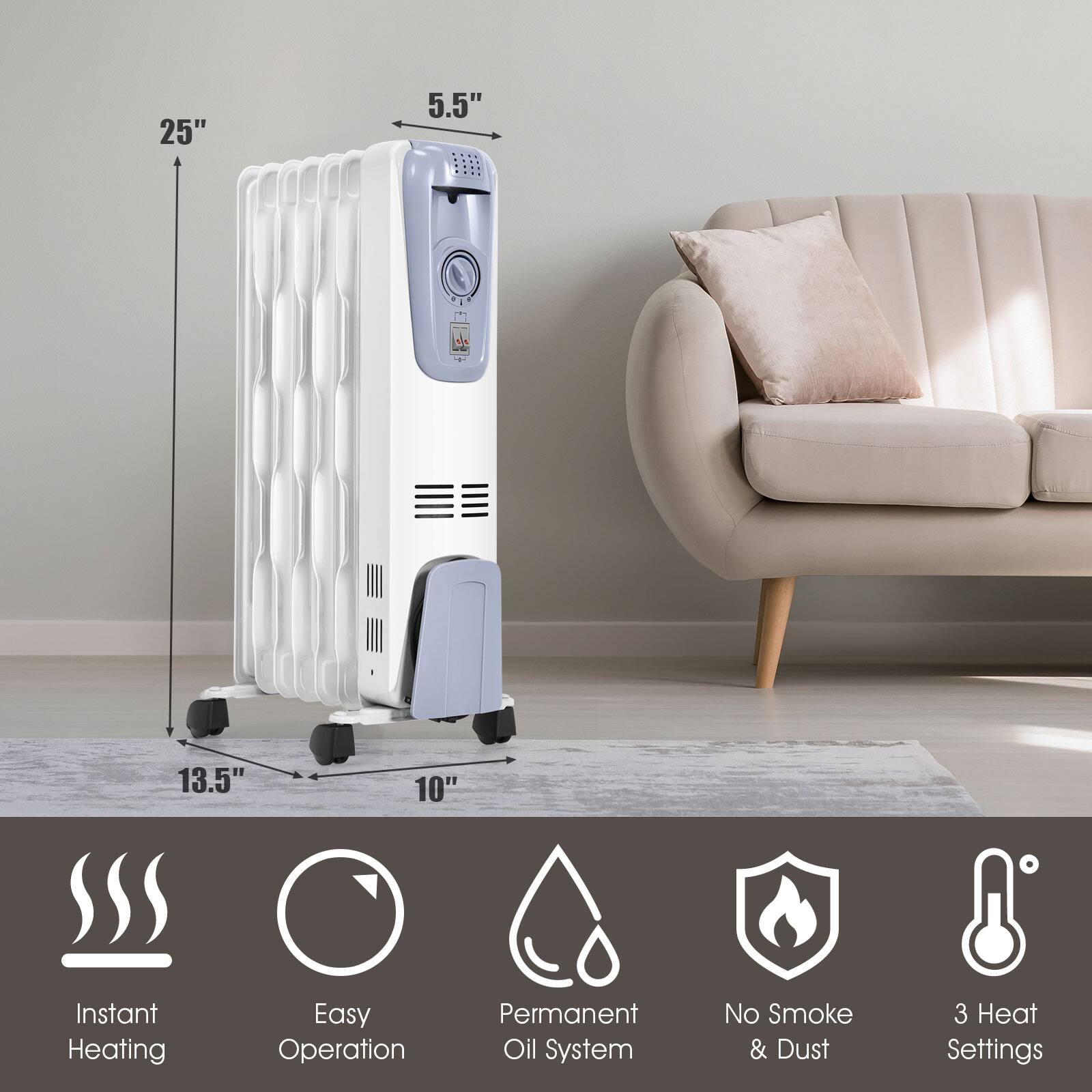 - Instant Heating
- Easy Operation
- Permanent Oil System
- No Smoke & Dust
- 3 Heat Settings

Dimensions:
- Height: 25"
- Width: 10"
- Depth: 13.5"
- Control Panel Width: 5.5"