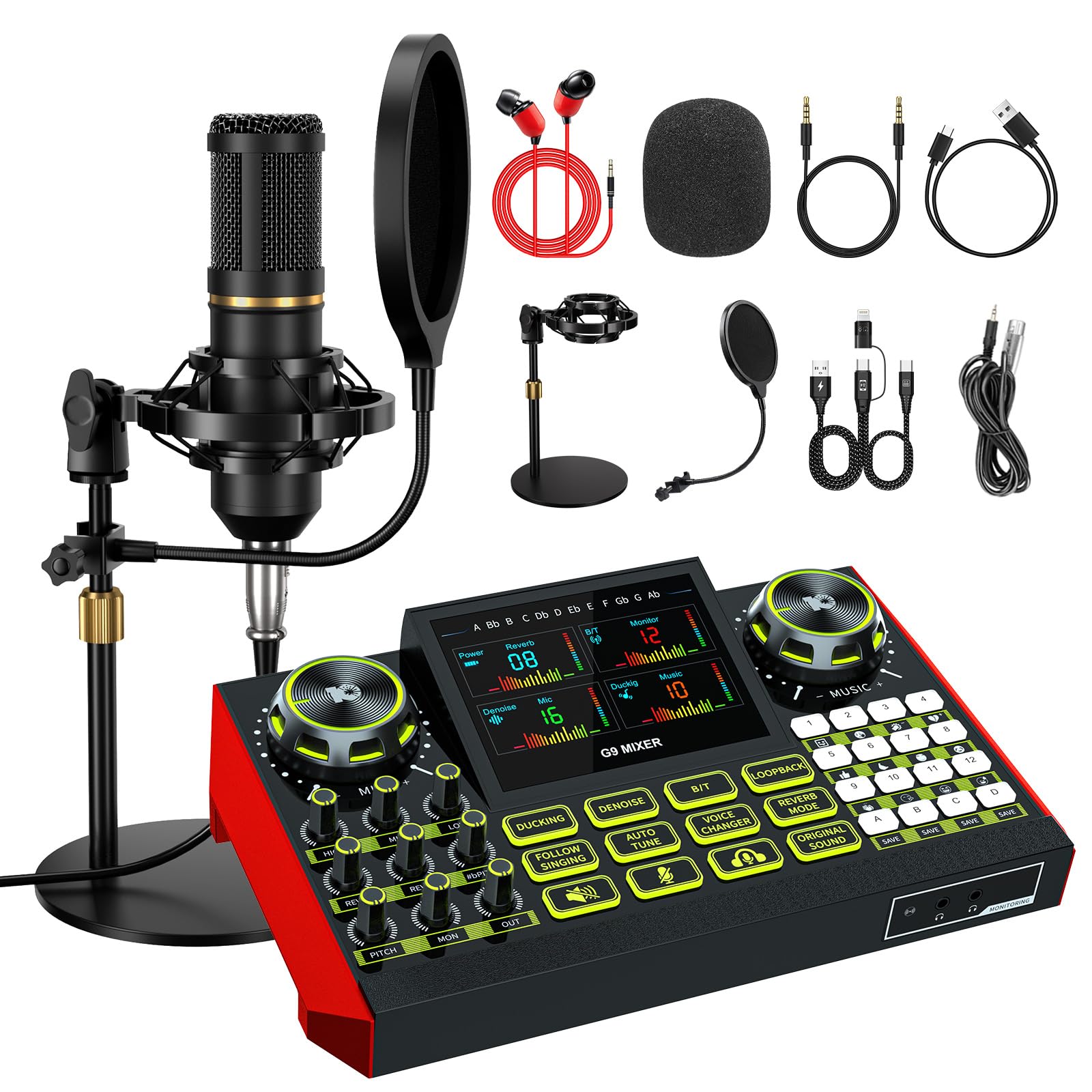 Reds Spade - Podcast microphone bundle with live sound card audio mixer board condenser for pc phone streaming singing - G9 Audio mixer+Mic+Bracket