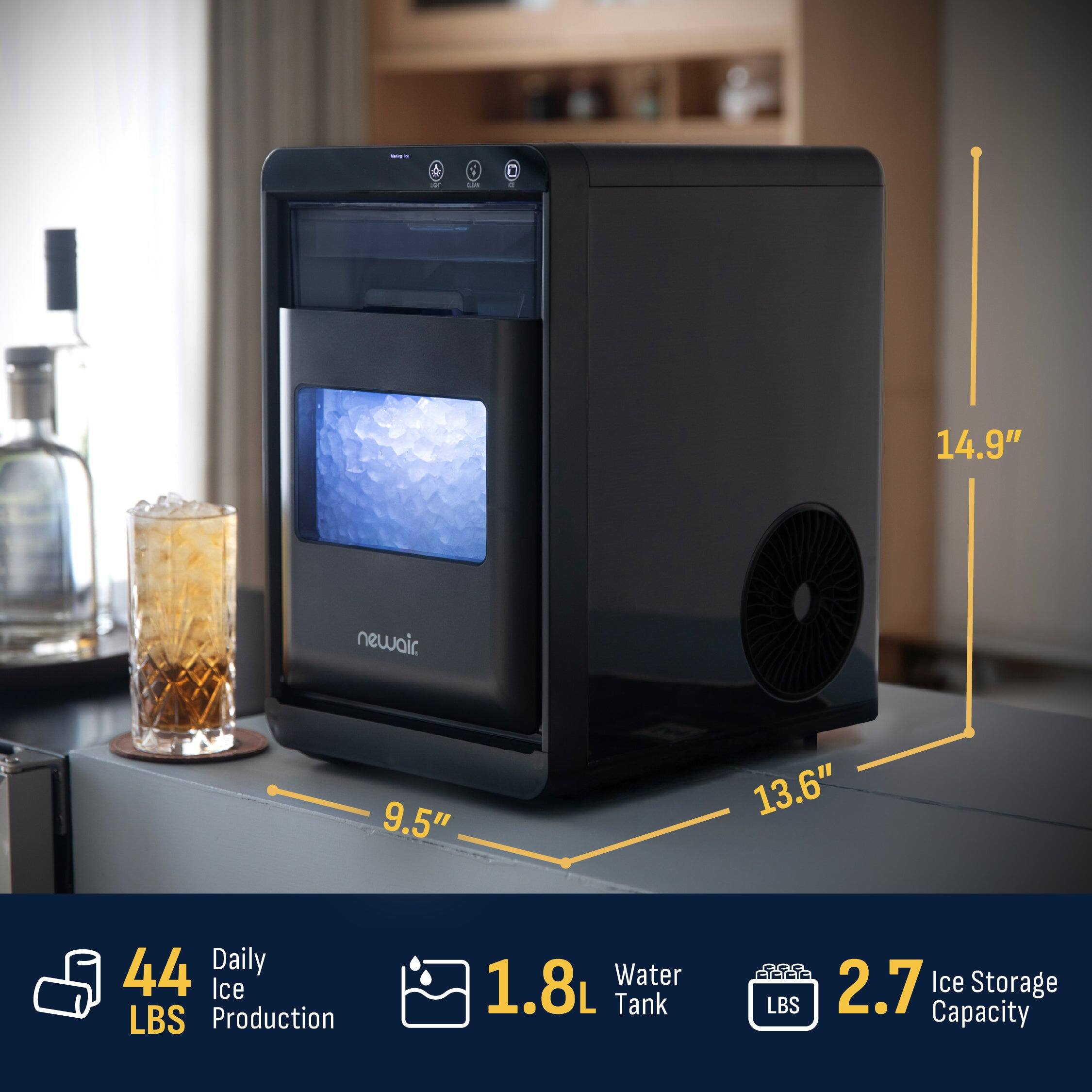 - 14.9" height
- 9.5" width
- 13.6" depth
- 44 LBS Daily Ice Production
- 1.8L Water Tank
- 2.7 LBS Ice Storage Capacity