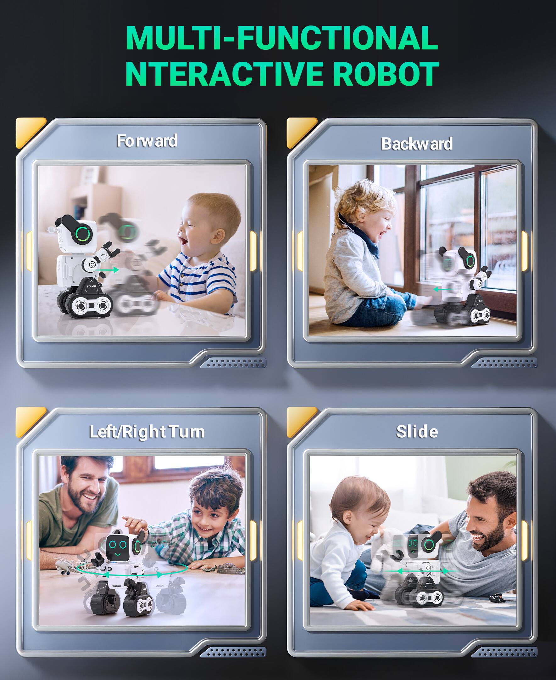MULTI-FUNCTIONAL INTERACTIVE ROBOT

Forward  
Backward  
Left/Right Turn  
Slide