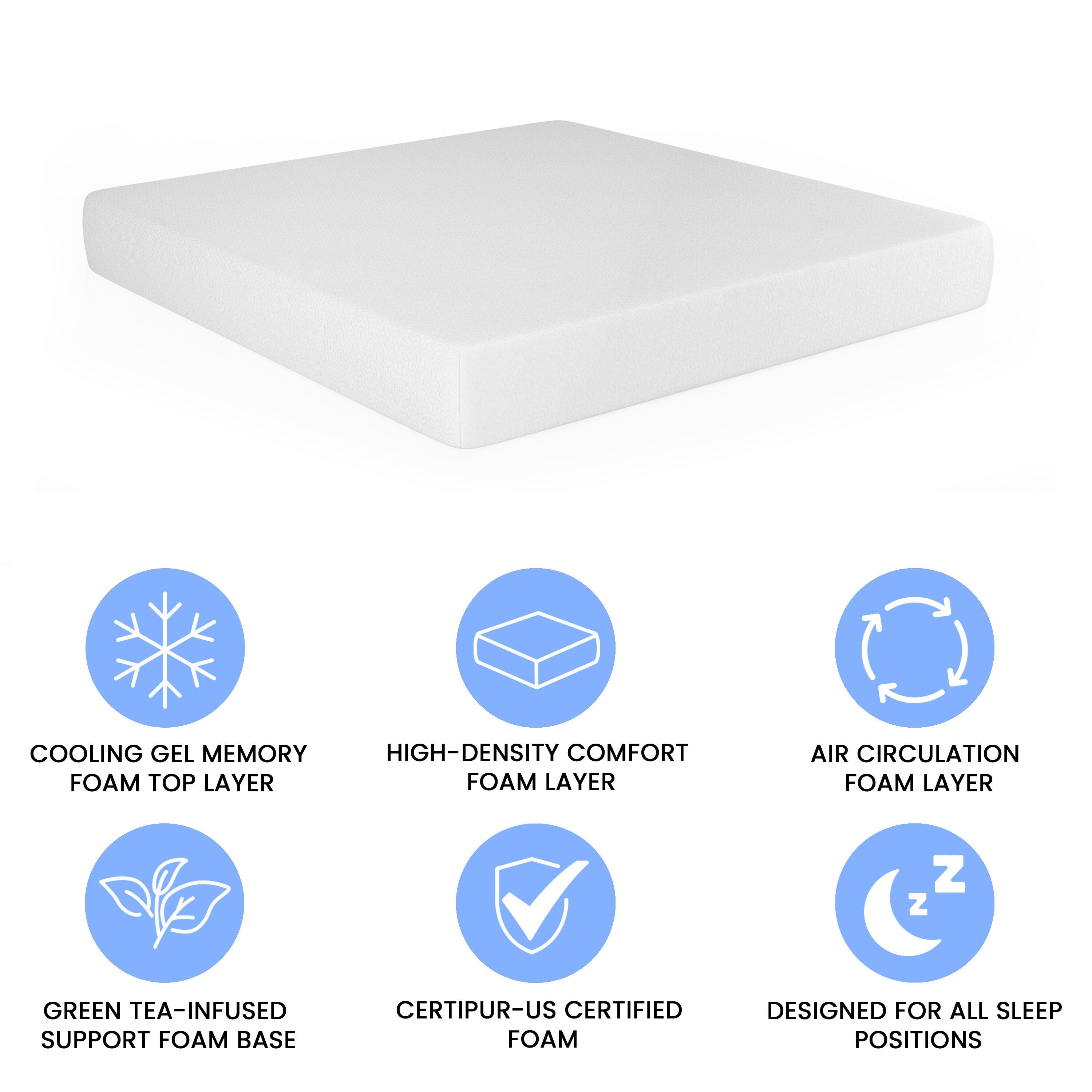 COOLING GEL MEMORY FOAM TOP LAYER  
HIGH-DENSITY COMFORT FOAM LAYER  
AIR CIRCULATION FOAM LAYER  
GREEN TEA-INFUSED SUPPORT FOAM BASE  
CERTIPUR-US CERTIFIED FOAM  
DESIGNED FOR ALL SLEEP POSITIONS