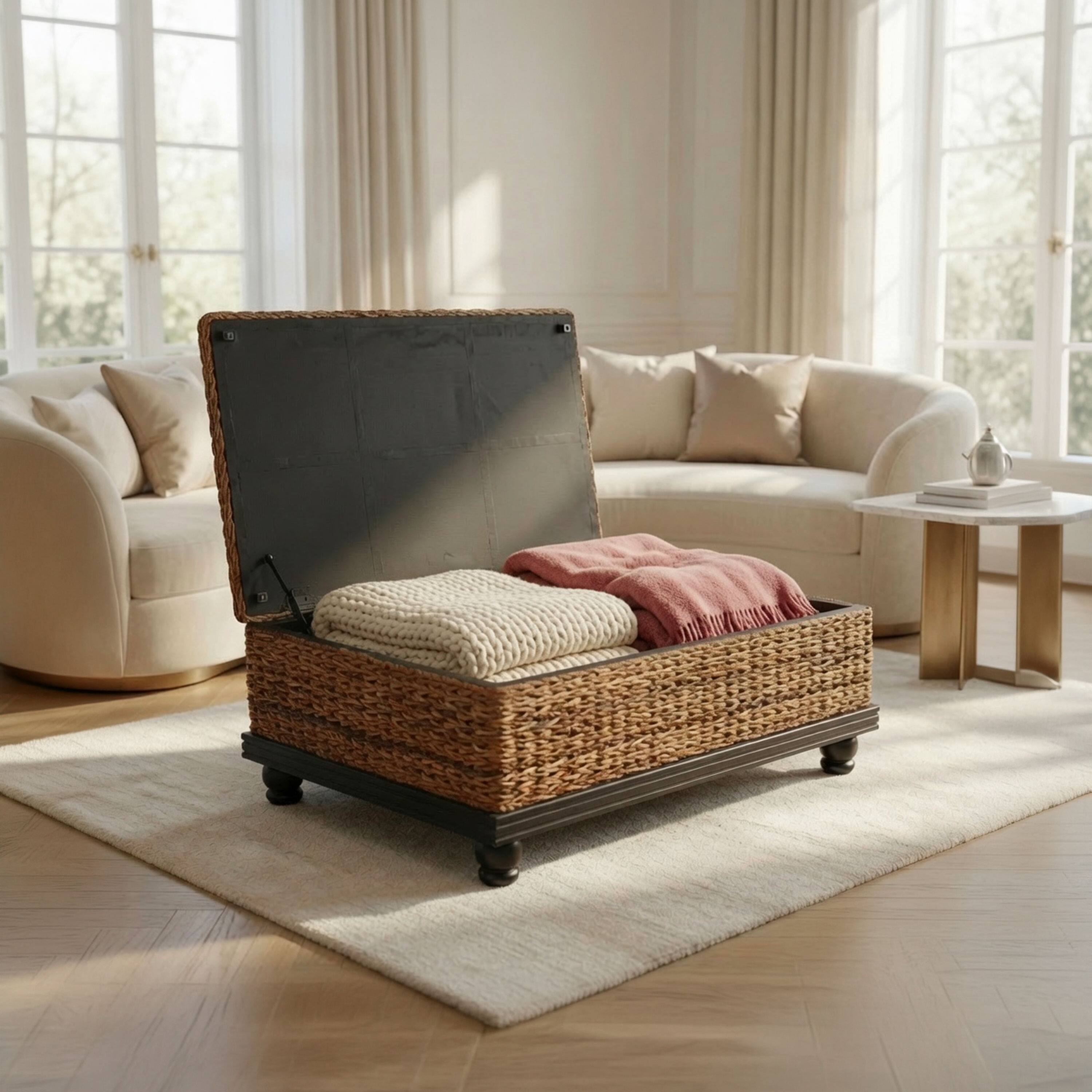 Alt View 6. Manhattan Lane - Jinu 48 Inch Coffee Table with Natural Brown Woven Banana Leaf Top, Acacia Wood Base, Organic Decor - Natural Brown, Black.