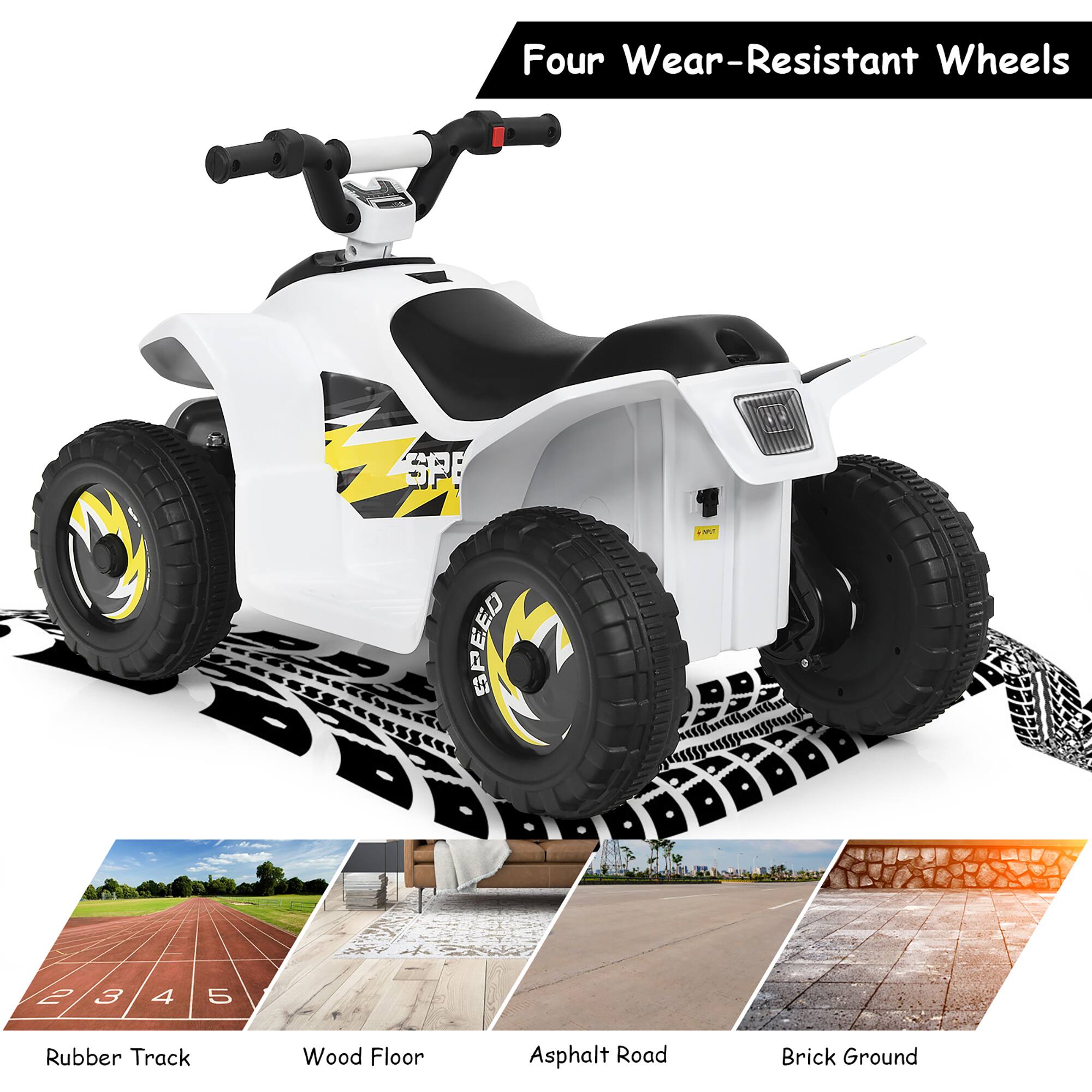 Four Wear-Resistant Wheels

Rubber Track  
Wood Floor  
Asphalt Road  
Brick Ground