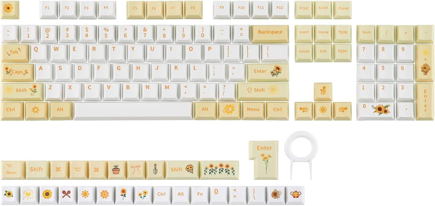 EPOMAKER - Sunflower PBT Keycaps, 133 Keys, Cherry Profile, Dye Sublimation, ISO/ANSI Layout - White Yellow