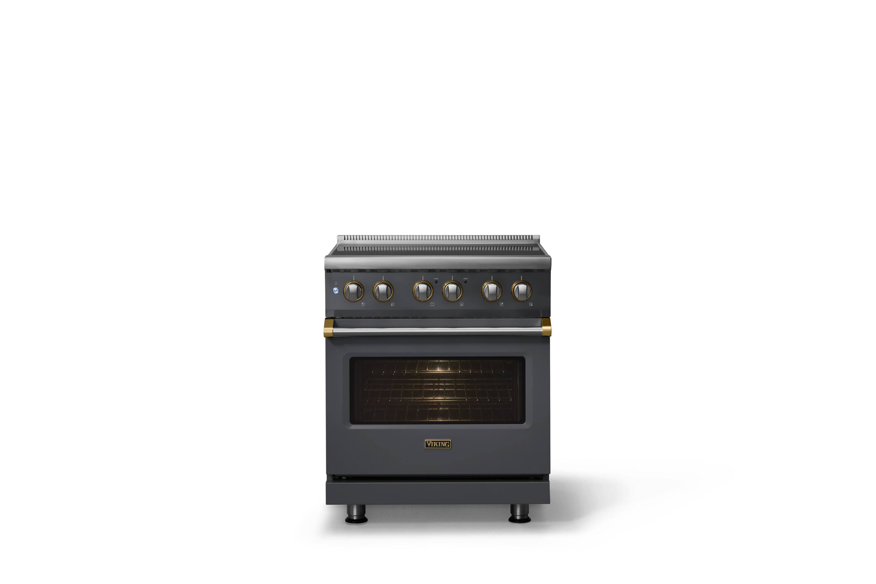Alt View 1. Viking - 30 in. Wide 4 Elements Pro 5 Series 4.7 Cu. Ft. Freestanding Induction Convection Range - Cast Black w. Brushed Brass - Cast Black.