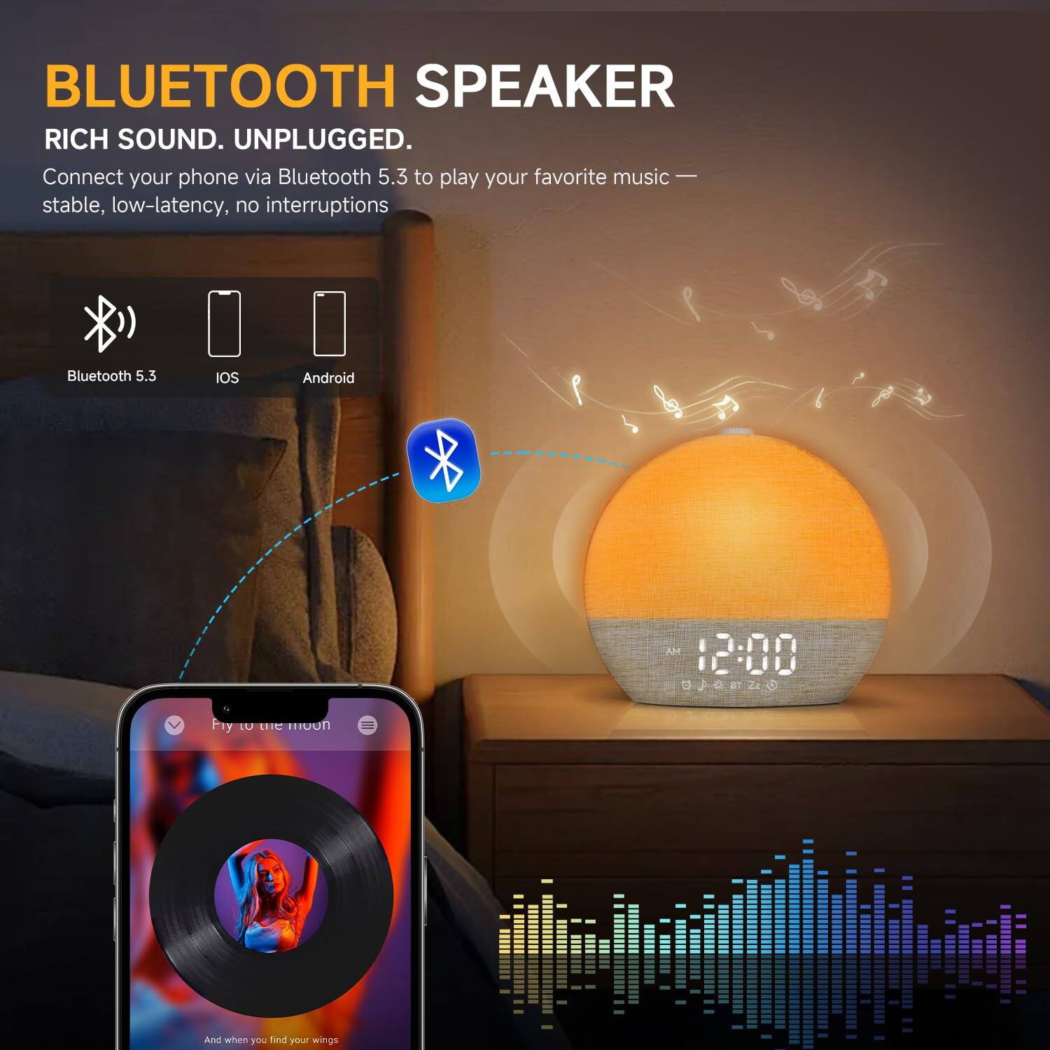 BLUETOOTH SPEAKER  
RICH SOUND. UNPLUGGED.  

Connect your phone via Bluetooth 5.3 to play your favorite music — stable, low-latency, no interruptions  

Bluetooth 5.3  
IOS  
Android  

12:00  

Fly to the moon  

And when you find your wings