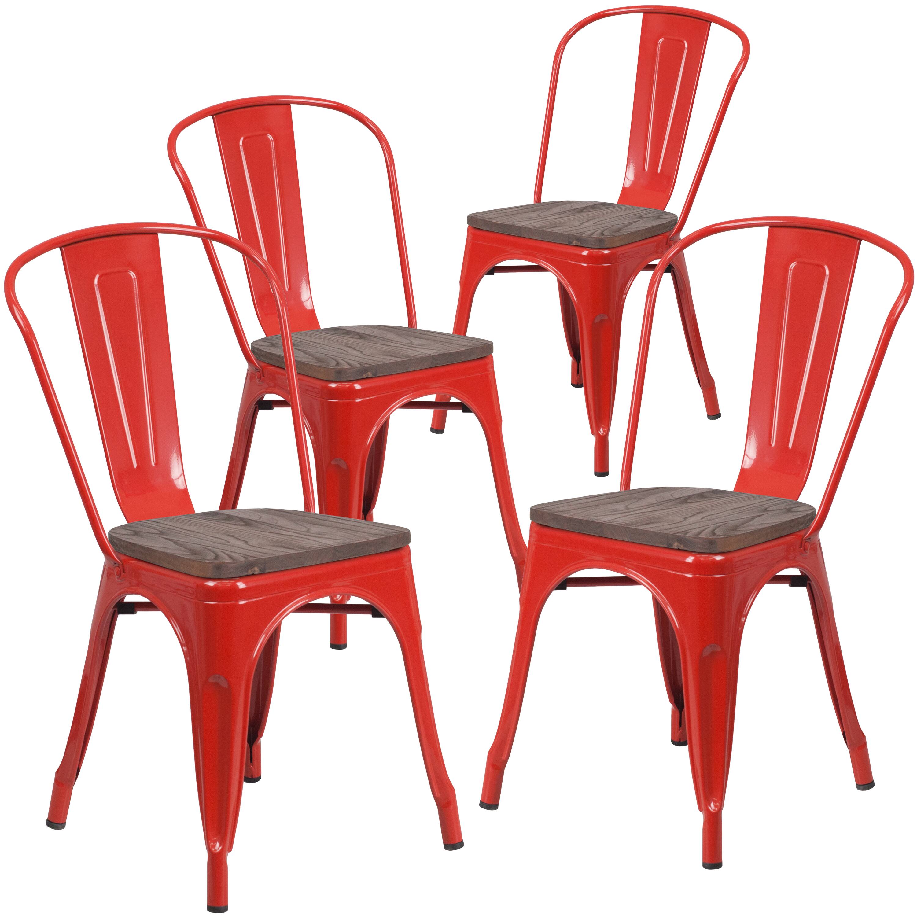 Alt View 1. Emma + Oliver - 4 Pack Metal Stackable Chair with Wood Seat - Red.
