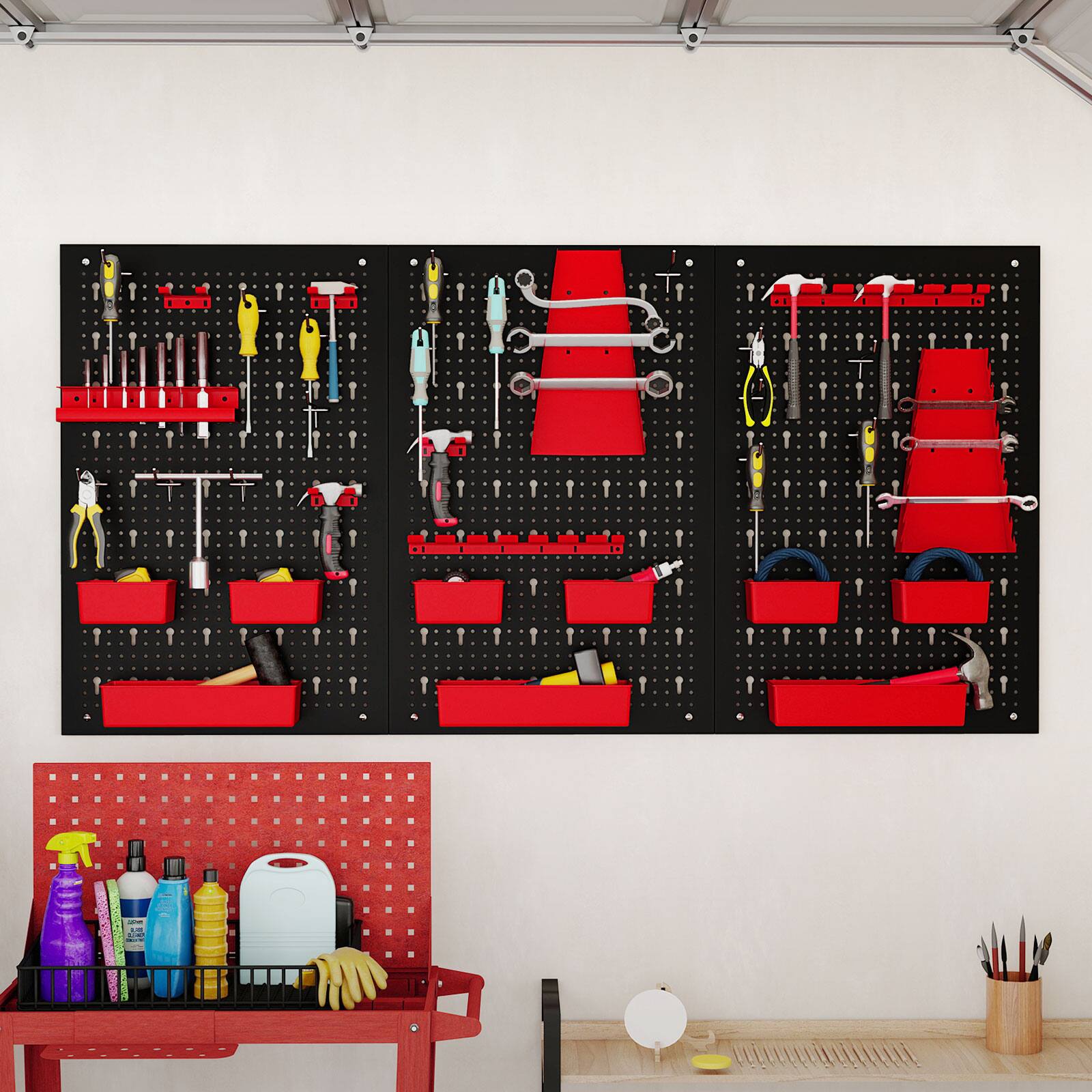Alt View 1. Gymax - Gymax 9-Bin Parts Rack Organizer Pegboard Wall Organizer w/ Hammer Racks Tool Holders - Red.