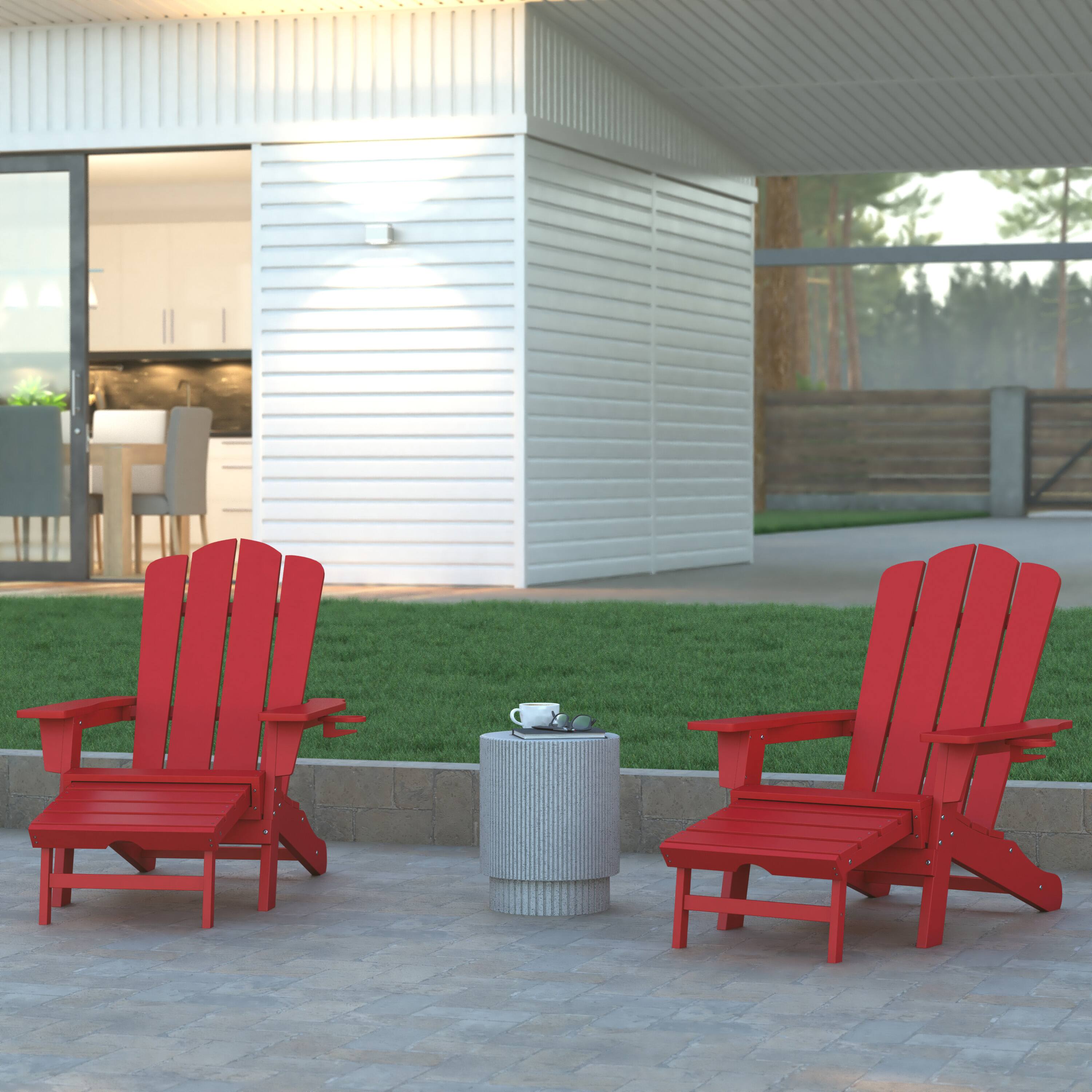 Alt View 3. Emma + Oliver - Haley Adirondack Chair with Cup Holder and Pull Out Ottoman, All-Weather HDPE Indoor/Outdoor Lounge Chair - Red.