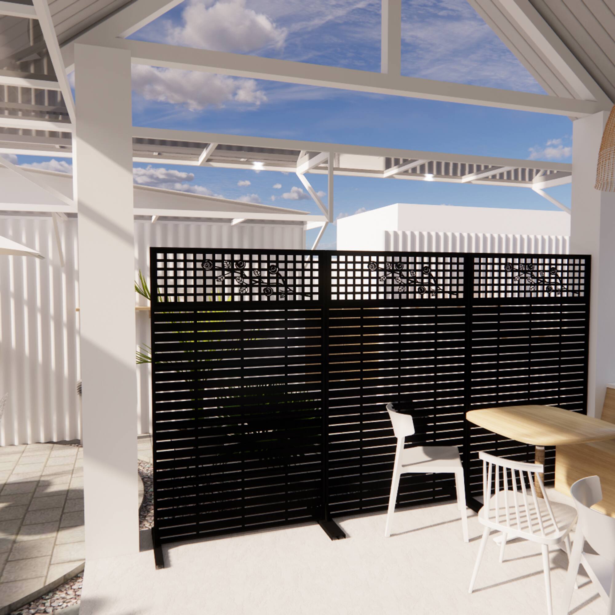 Back. Loheer - Metal Privacy Screen 6 ft x 3.61 ft Freestanding Divider for Patio Balcony Garden Indoor - Black.