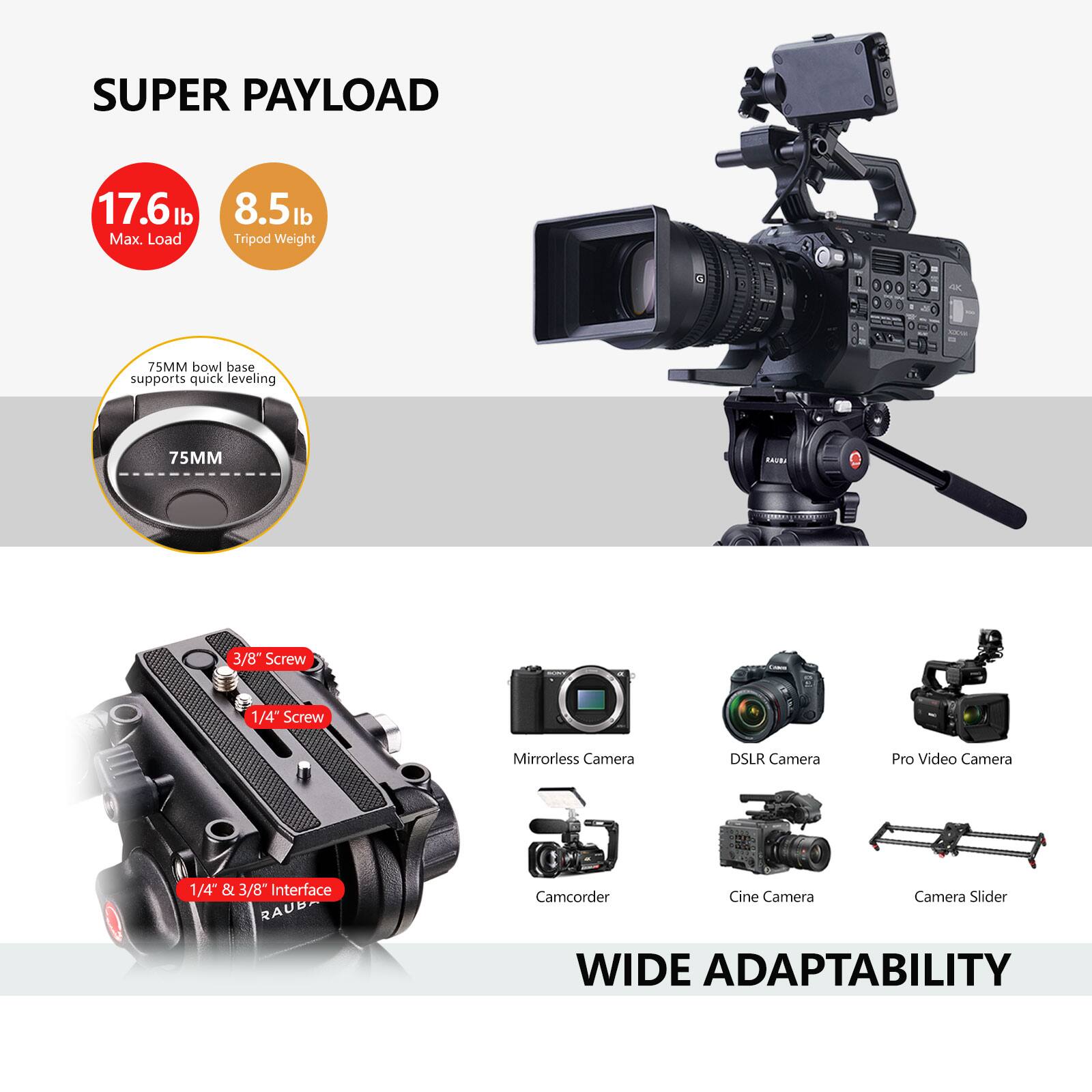 SUPER PAYLOAD 17.61 lb Max. Load 8.5lb lb Tripod Weight 75MM bowl base supports quick leveling 75MM 3/8+ Screw 1/4" Screw Mirrorless Camera DSLR Camera Pro Video Camera 1/4" & 3/8" Interface RAUB Camcorder Cine Camera Camera Slider WIDE ADAPTABILITY