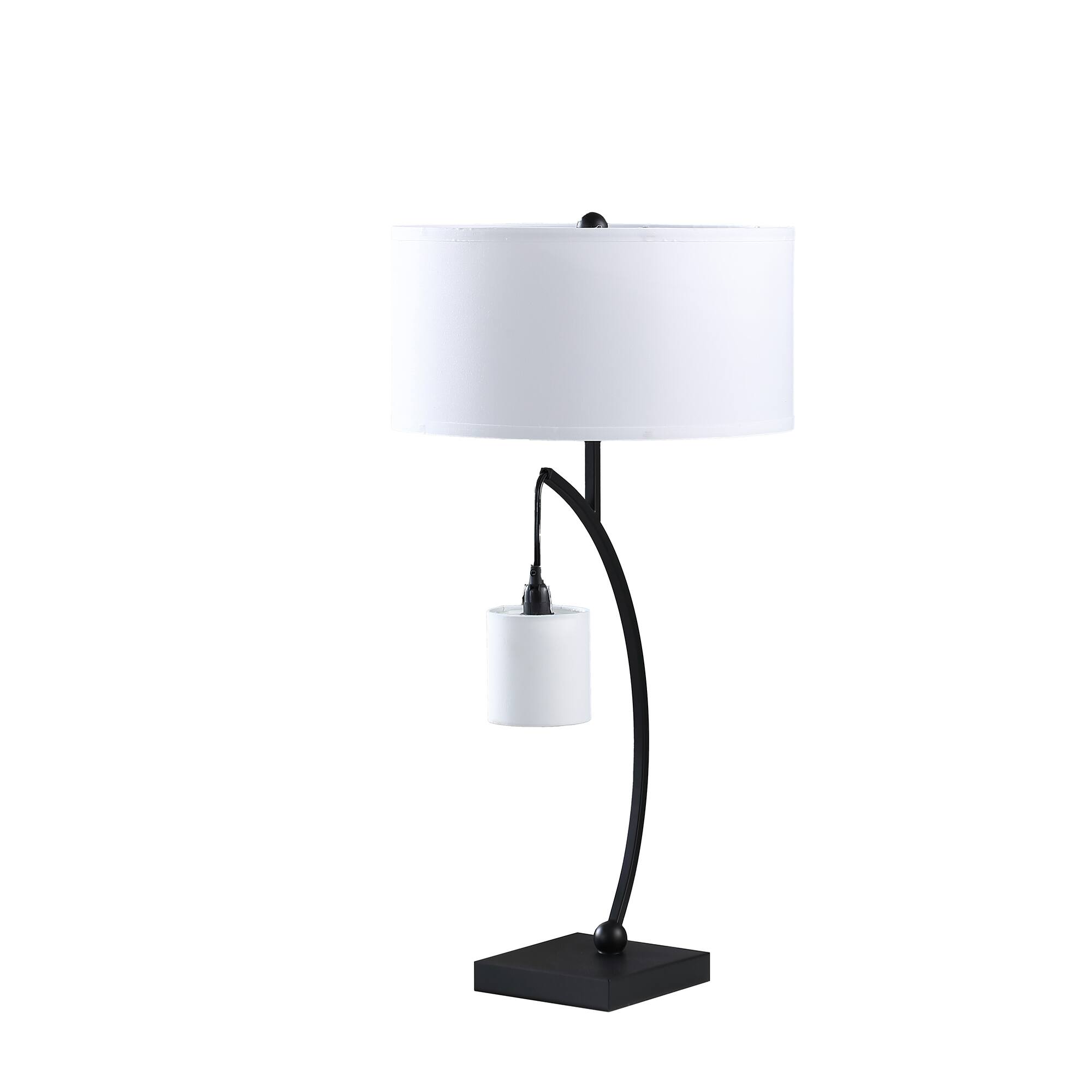 Front. Manhattan Lane - Jiya 29 Inch Arc Table Lamp, Hanging Design, 2 Drum Shades - Black, White.