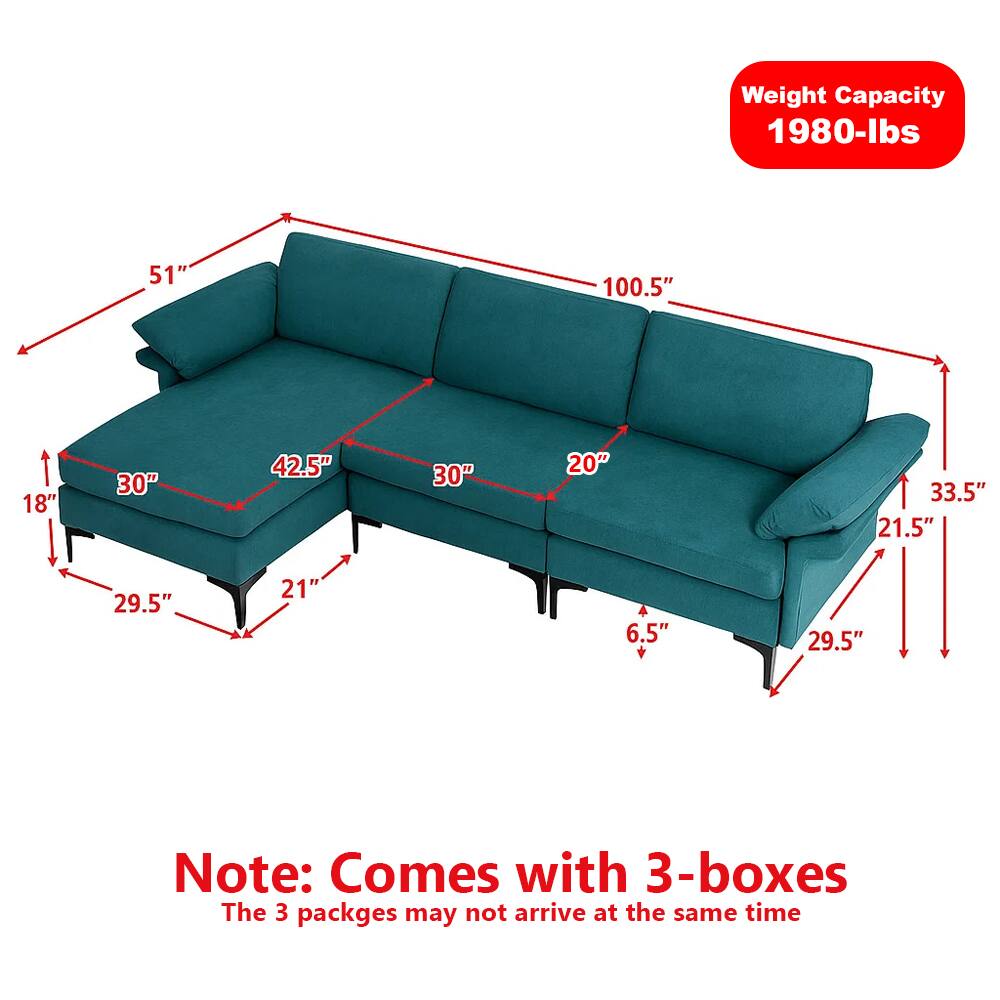 Weight Capacity: 1980-lbs

Dimensions:
- Length: 100.5"
- Width: 33.5"
- Height: 30"
- Seat Height: 21.5"
- Armrest Height: 30"
- Back Height: 51"
- Depth: 42.5"
- Seat Depth: 20"
- Leg Height: 6.5"
- Leg Width: 29.5"
- Seat Width: 30"
- Seat Depth: 18"
- Leg Width: 21"

Note: Comes with 3-boxes
The 3 packages may not arrive at the same time