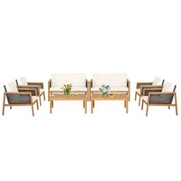 Costway - 8PCS Patio Rattan Furniture Set Acacia Wood Cushioned Sofa - Mix Brown,Off White