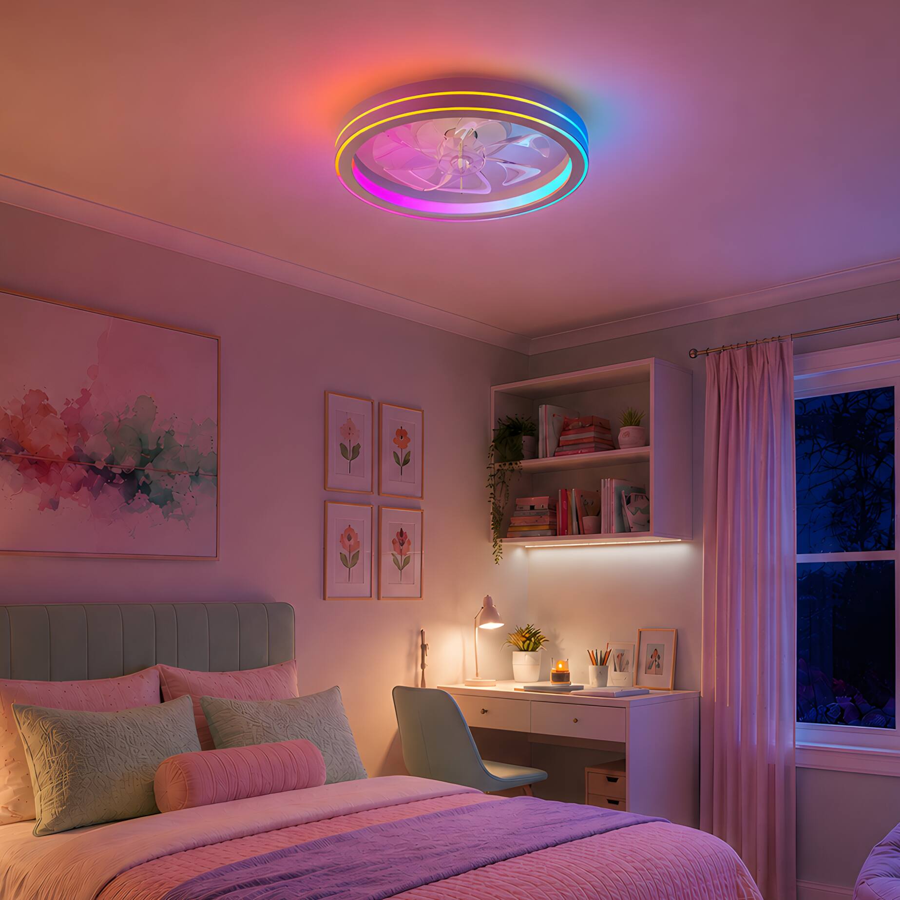 Alt View 5. Lumary - 19" Smart Ceiling Fan with Nightlight, WiFi & Bluetooth Low Profile RGBAI Ceiling Fan for Bedroom(White) - White.