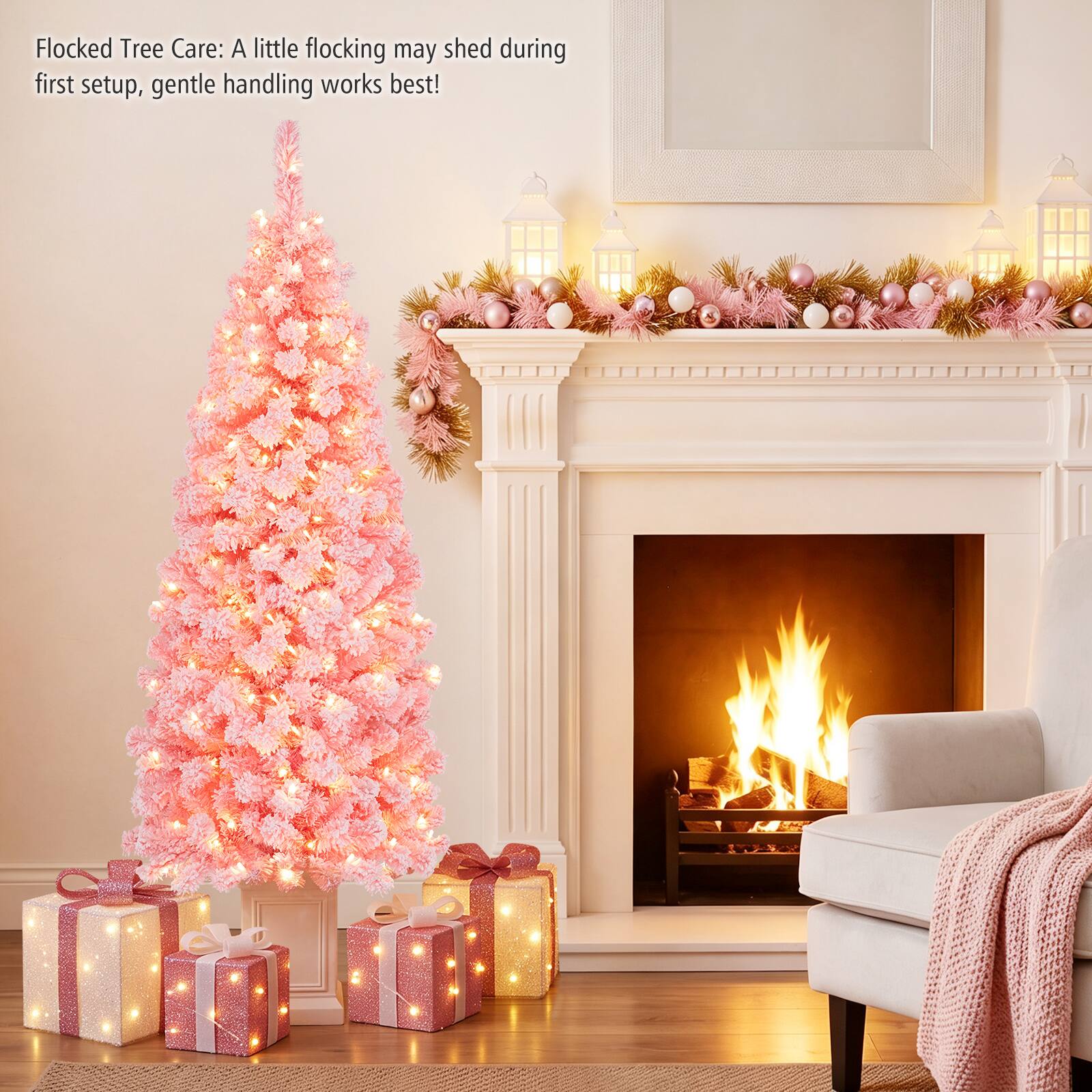 Flocked Tree Care: A little flocking may shed during first setup, gentle handling works best!