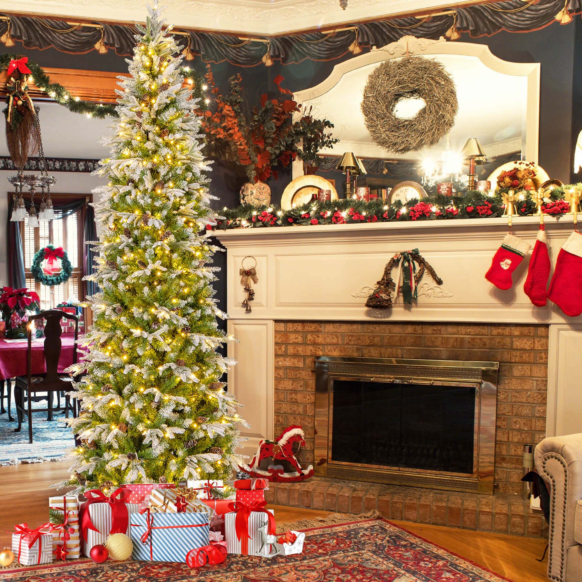 Alt View 13. Costway - 9 FT Flocked Christmas Tree with 1310 PE PVC Branch Tips 470 Warm White LED Lights - Green/White.