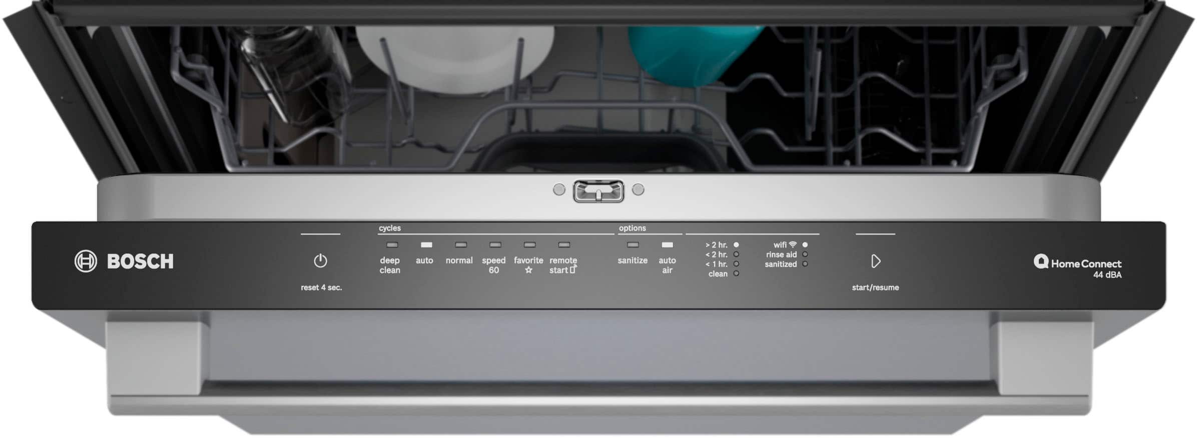 The image shows a Bosch dishwasher with a stainless steel door and a clear glass window. The dishwasher has a variety of cycles and options, including deep clean, auto, normal speed, favorite remote, and 60-second start. It also features a sanitize auto air 2-hour cycle and a 2-hour clean with rinse and sanitized start/resume. The dishwasher is designed to be quiet, with a noise level of 44 dBA.