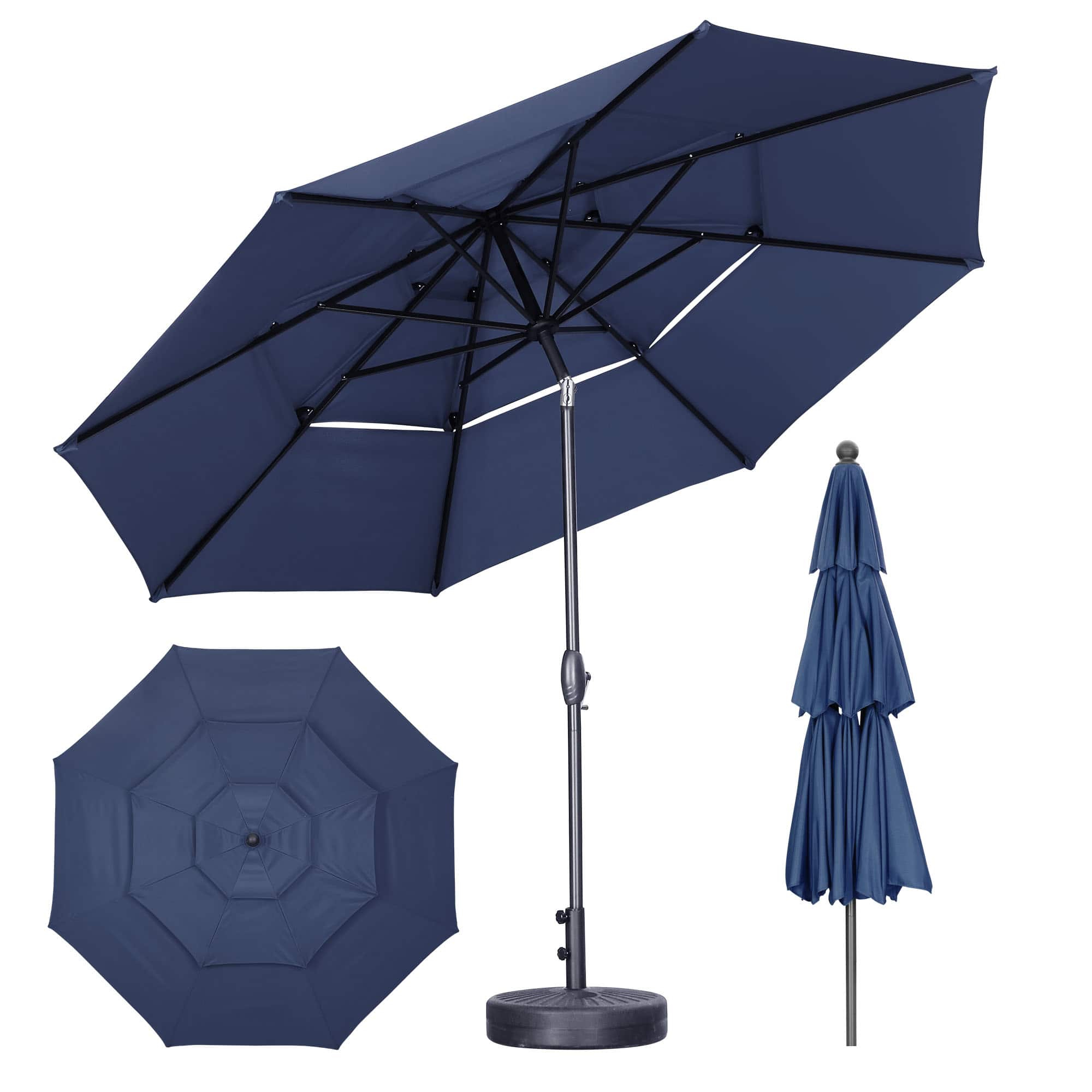 Ainfox - 10 FT 3-Tier Patio Umbrella with Base Outdoor Market Umbrella with Crank and Tilt for Garden Lawn Backyard Pool - Navy Blue