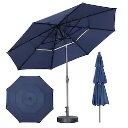 Ainfox - 10 FT 3-Tier Patio Umbrella with Base Outdoor Market Umbrella with Crank and Tilt for Garden Lawn Backyard Pool - Navy Blue
